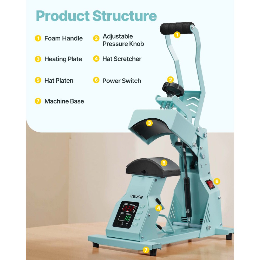 VEVOR Máquina de Prensado Térmico, Prensa de Transferencia Térmica con 2 Platinas Intercambiables, Control Preciso de Tiempo y Temperatura, Máquina de Sublimación HTV para Gorras, Diademas, Verde