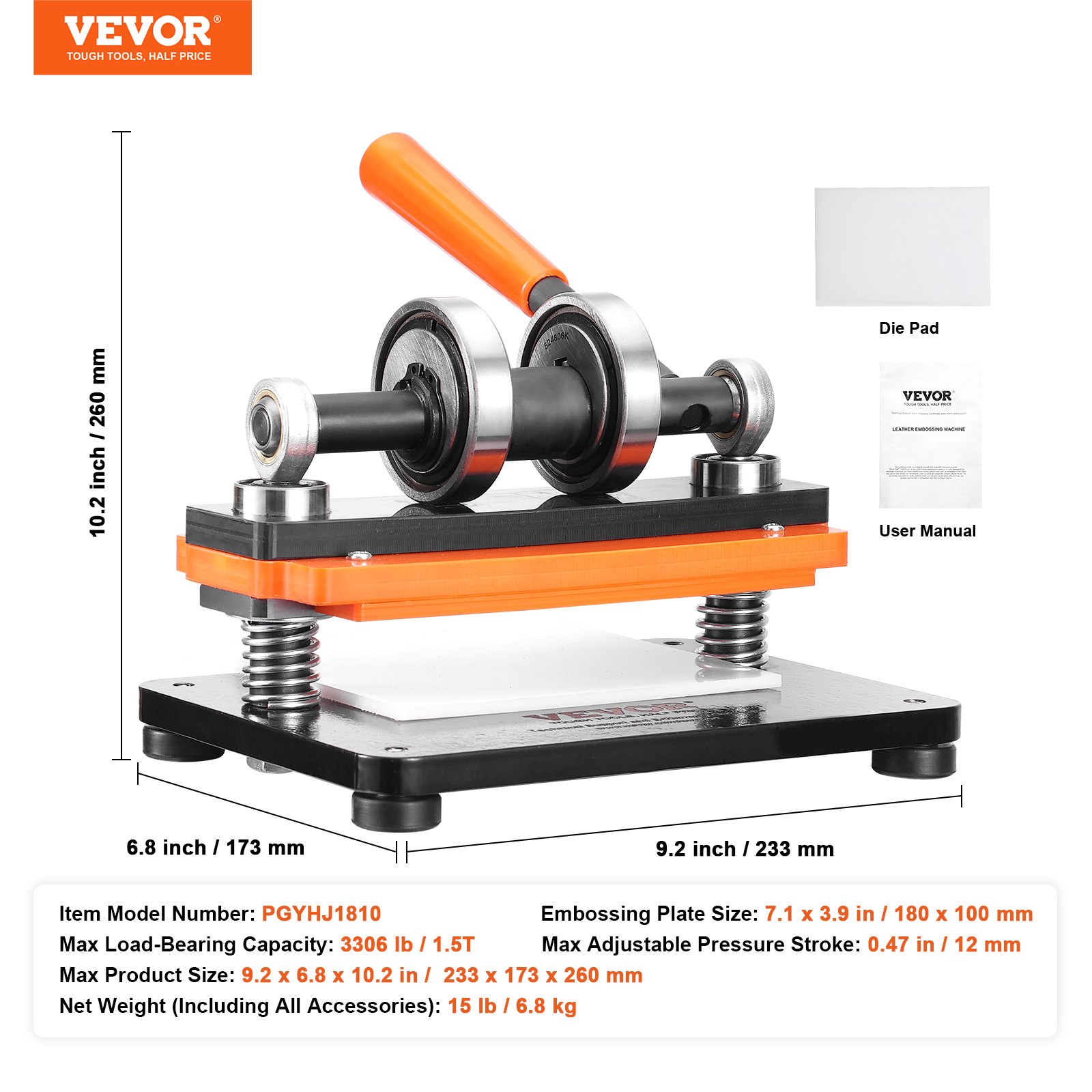 VEVOR Máquina Cortadora de Cuero 180x100 mm Capacidad de Carga de 1,5 T Prensa Troqueladora Manual Carrera Ajustable 12 mm Perforadora Manual para Cuero Papel Espuma Plástico Caucho Varios Materiales