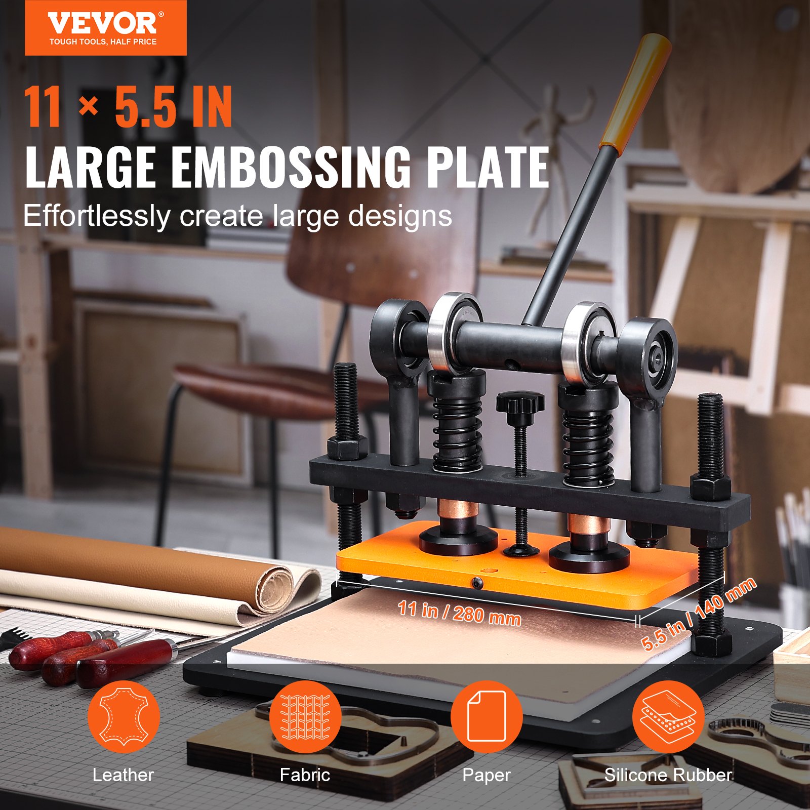 VEVOR Máquina Cortadora de Cuero 280x140 mm Capacidad de Carga de 1,5 T Prensa Troqueladora Manual Carrera Ajustable 12 mm Perforadora Manual para Cuero Papel Espuma Plástico Caucho Varios Materiales