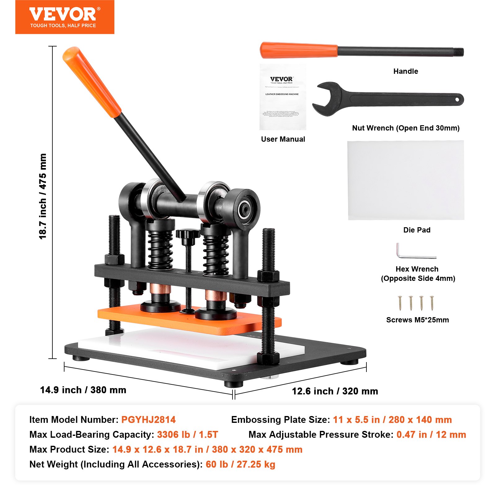 VEVOR Máquina Cortadora de Cuero 280x140 mm Capacidad de Carga de 1,5 T Prensa Troqueladora Manual Carrera Ajustable 12 mm Perforadora Manual para Cuero Papel Espuma Plástico Caucho Varios Materiales