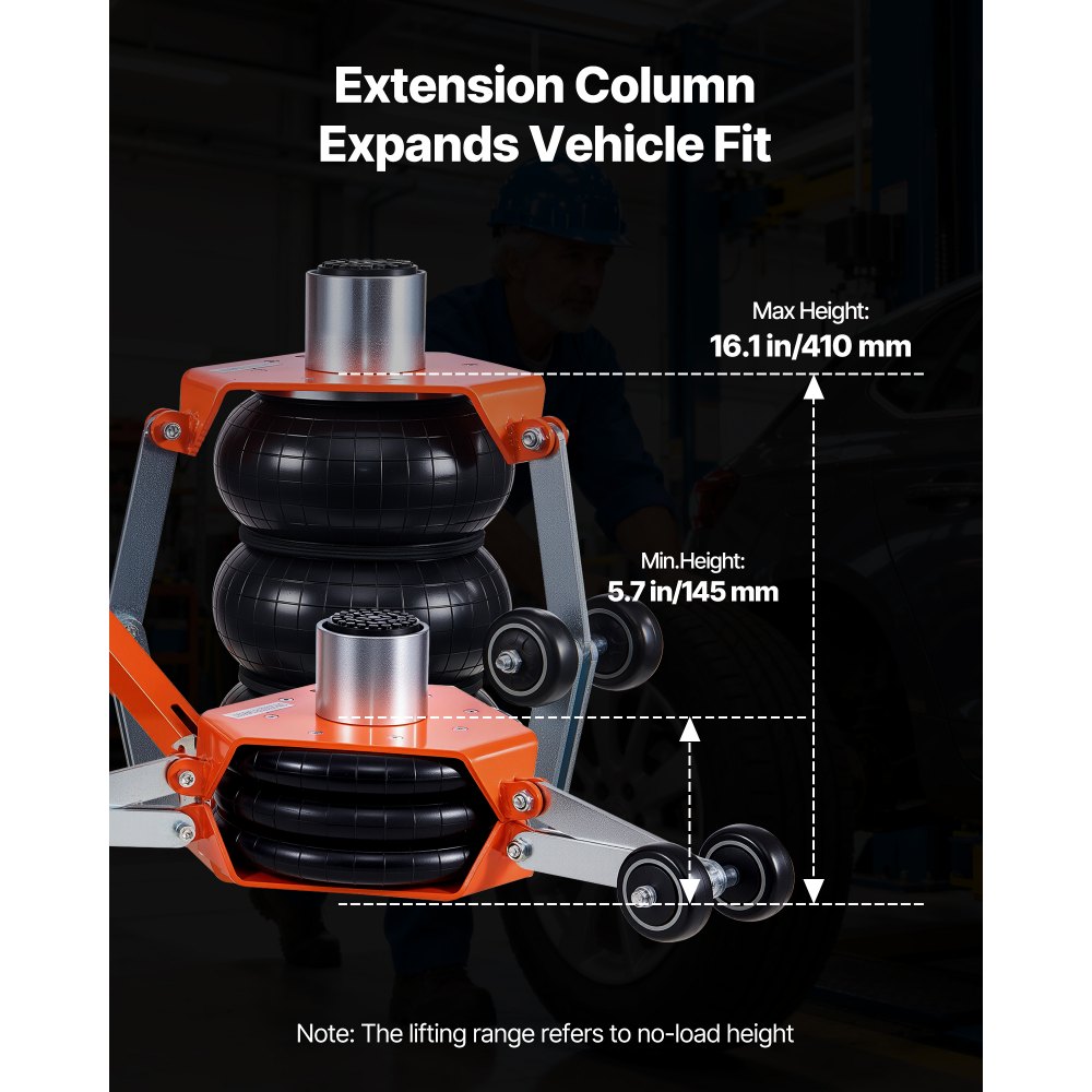 VEVOR Gato Neumático para Coches 3 T con Columna Elevada, Manivela Ajustable y Triple Suspensión Neumática, Altura de Elevación de 145 a 410 mm, para Coches, SUV y Camionetas, 1270 x 590 x 145 mm