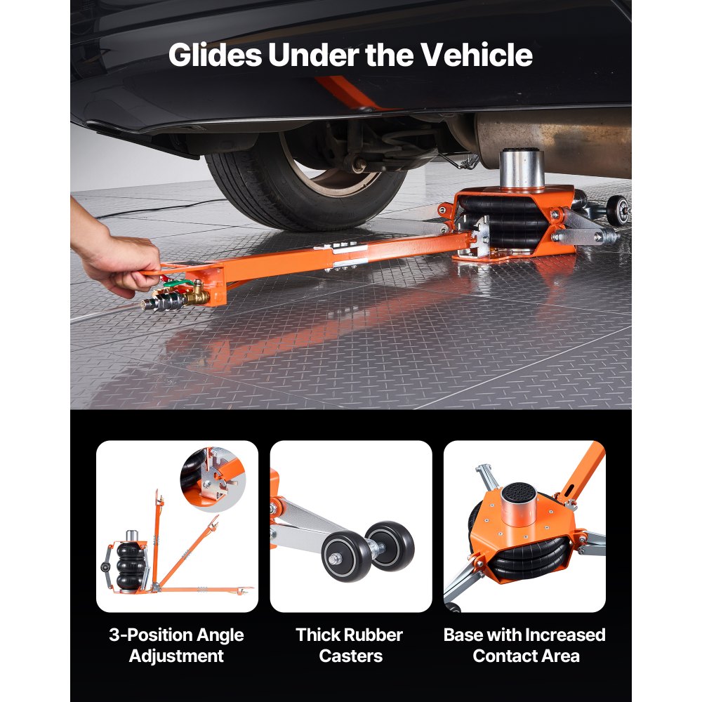 VEVOR Gato Neumático para Coches 3 T con Columna Elevada, Manivela Ajustable y Triple Suspensión Neumática, Altura de Elevación de 145 a 410 mm, para Coches, SUV y Camionetas, 1270 x 590 x 145 mm