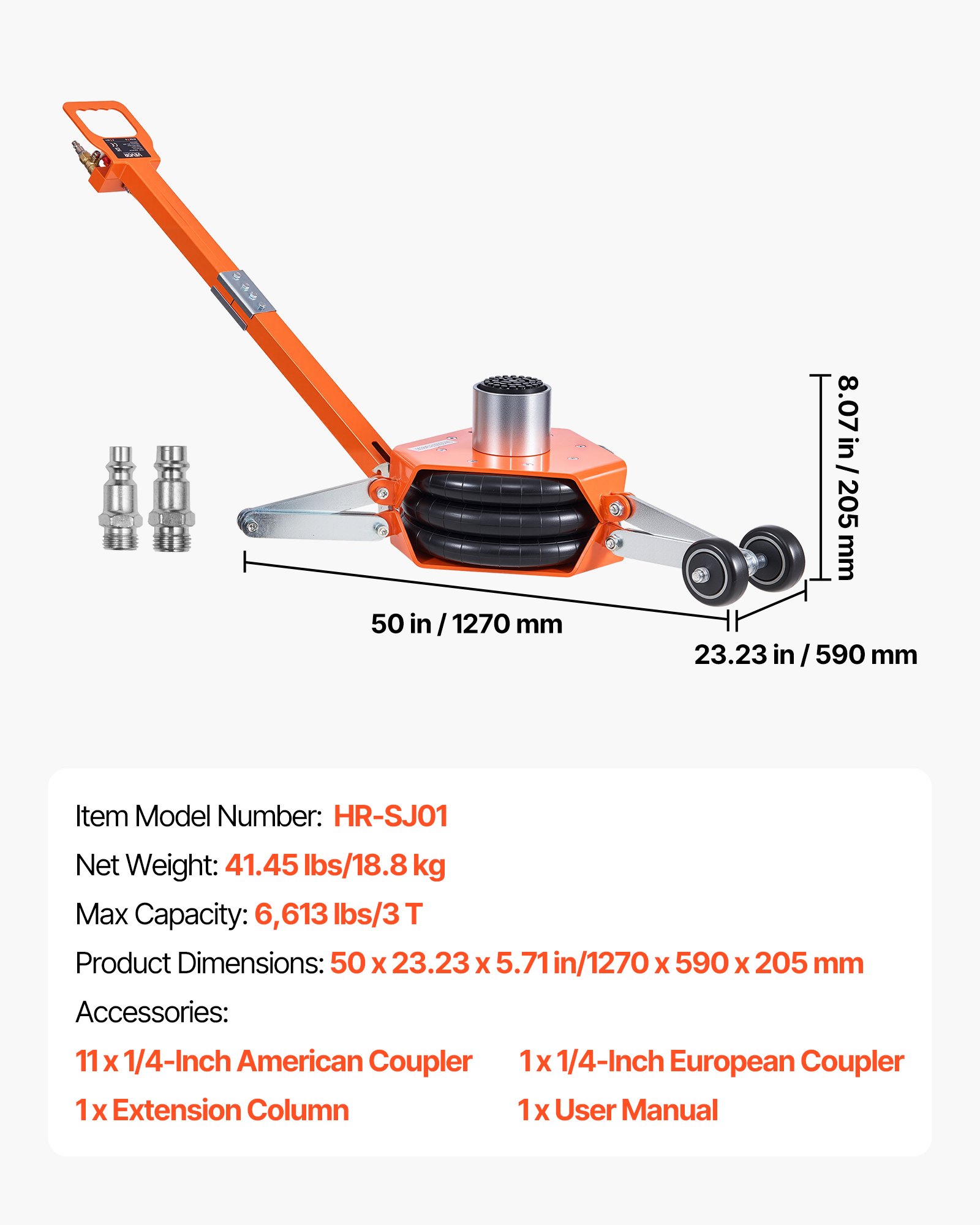 VEVOR Gato Neumático para Coches 3 T con Columna Elevada, Manivela Ajustable y Triple Suspensión Neumática, Altura de Elevación de 145 a 410 mm, para Coches, SUV y Camionetas, 1270 x 590 x 145 mm