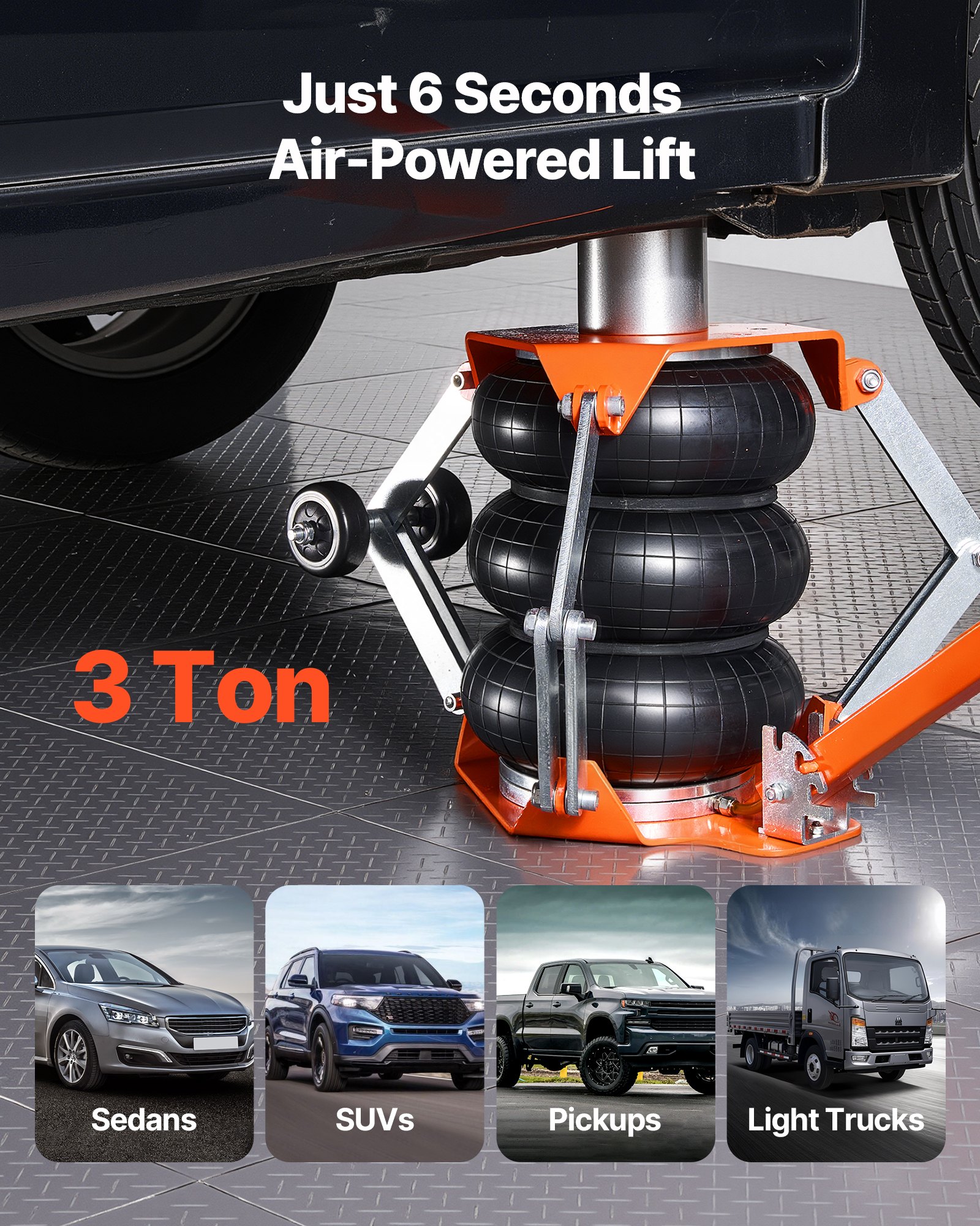 VEVOR Gato Neumático para Coches 3 T con Columna Elevada, Manivela Ajustable y Triple Suspensión Neumática, Altura de Elevación de 145 a 410 mm, para Coches, SUV y Camionetas, 1270 x 590 x 145 mm