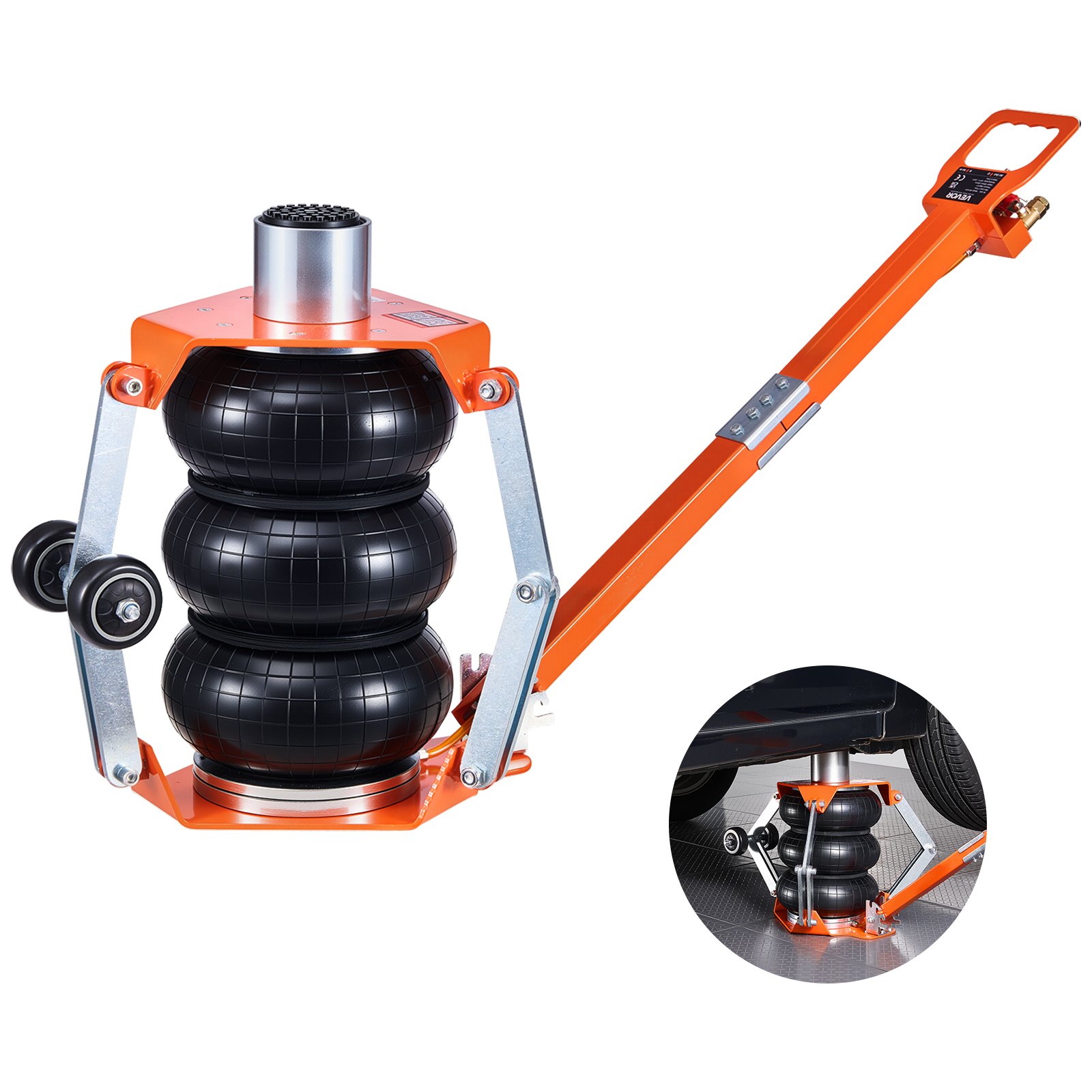 VEVOR Gato Neumático para Coches 3 T con Columna Elevada, Manivela Ajustable y Triple Suspensión Neumática, Altura de Elevación de 145 a 410 mm, para Coches, SUV y Camionetas, 1270 x 590 x 145 mm
