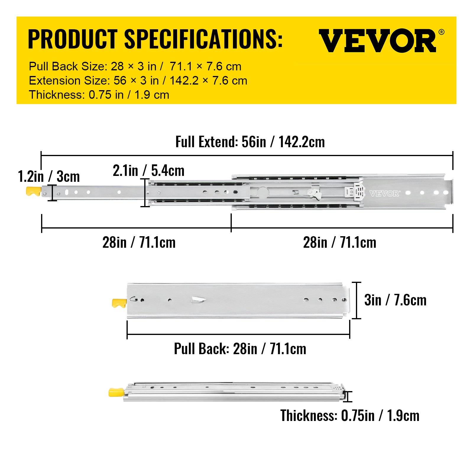 VEVOR Guías Laterales para Cajón Extracción Total de 142,2cm 1 par de Railes para Cajones 71,1x7,6x1,9cm Correderas con Rodamiento de Bolas Capacidad de Carga 225kg Acero Laminado en Frío Kit Completo