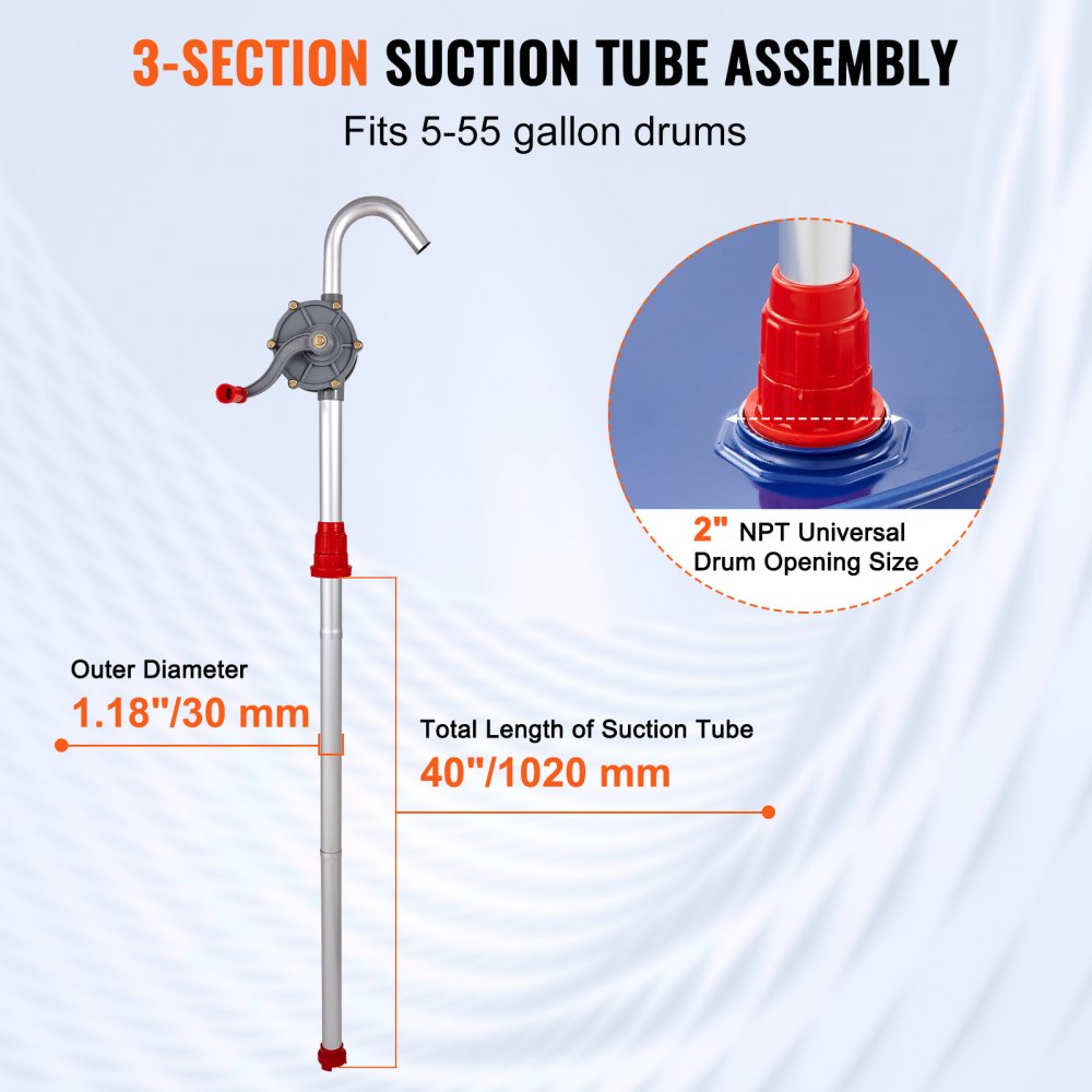 VEVOR Bomba de Tambor Rotativa de Manivela Manual de  22,7L/min para Tambores de 16,6-205L con Tubo de Succión de 3 Secciones y Manguera para Transferir Combustible, Aceite de Motor, Diésel, Queroseno