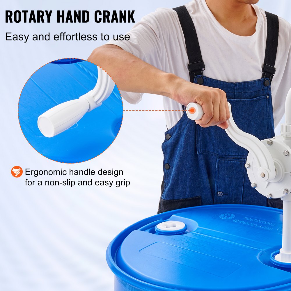 VEVOR Bomba de Tambor Rotativa de Manivela Manual de 24,6 L/min para Tambores de 16,6-205 L con Tubo de Succión de 3 Secciones y Manguera para Transferencia Rápida de Agua y Líquidos Corrosivos