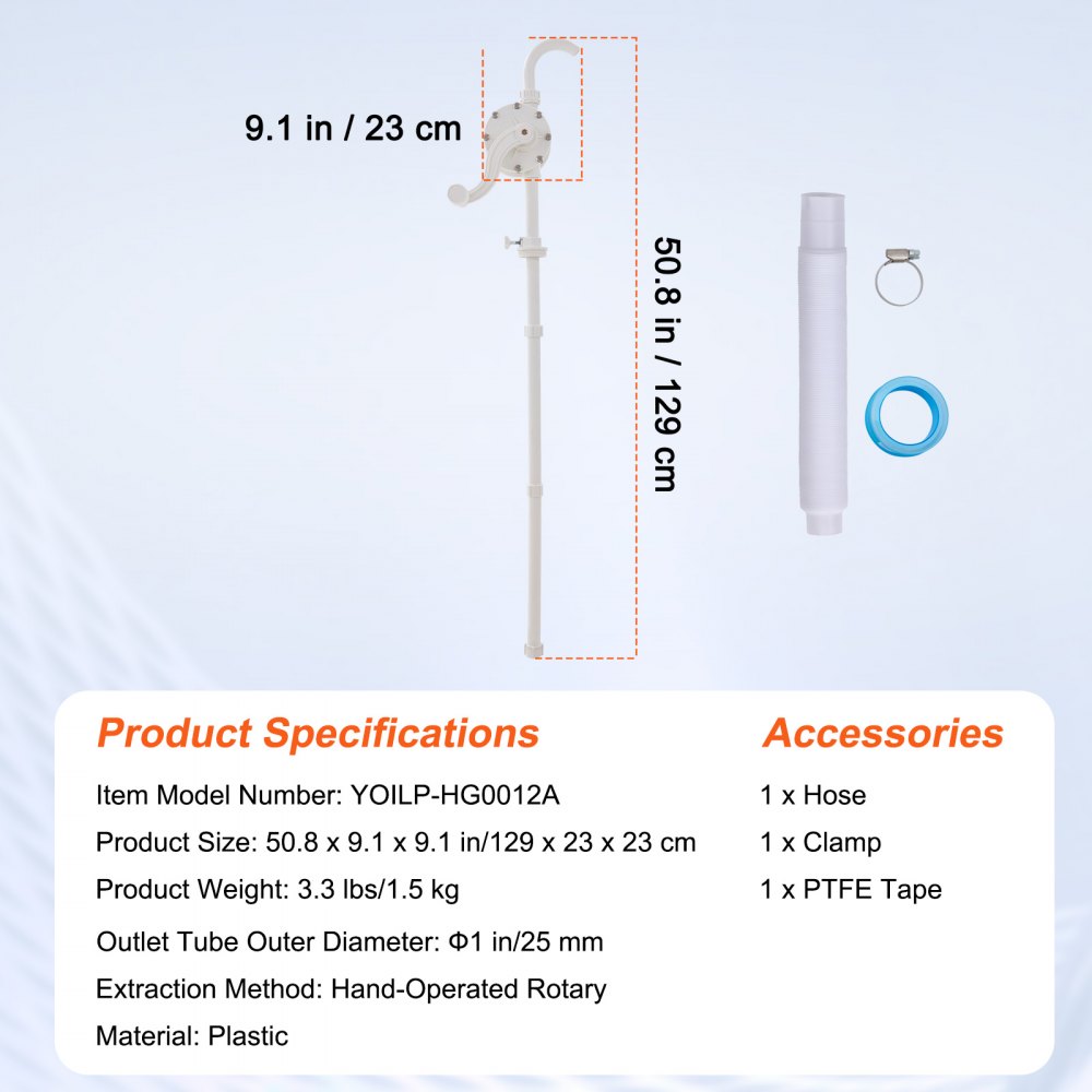 VEVOR Bomba de Tambor Rotativa de Manivela Manual de 24,6 L/min para Tambores de 16,6-205 L con Tubo de Succión de 3 Secciones y Manguera para Transferencia Rápida de Agua y Líquidos Corrosivos