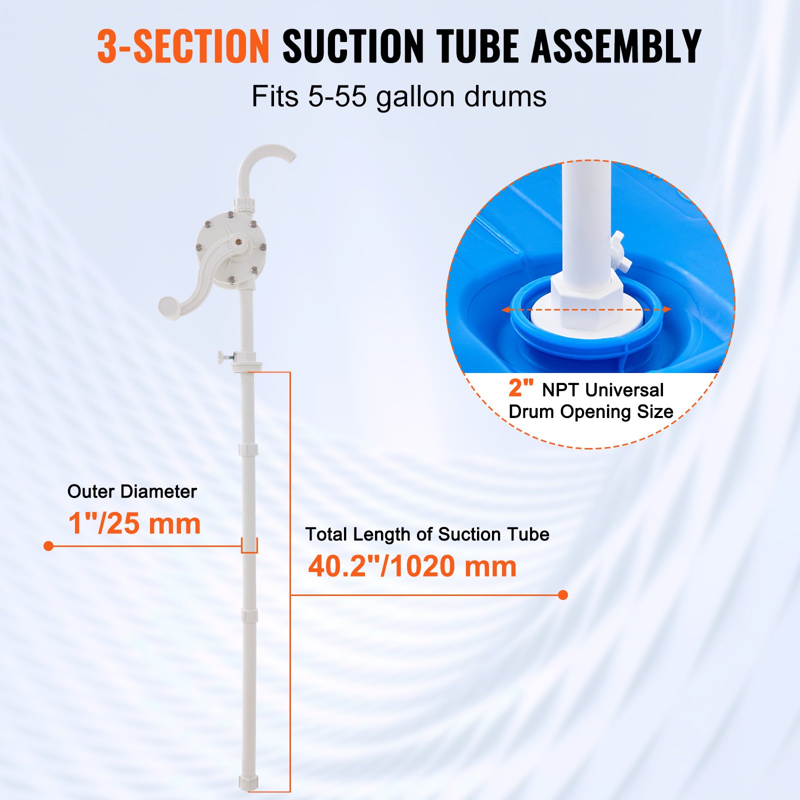 VEVOR Bomba de Tambor Rotativa de Manivela Manual de 24,6 L/min para Tambores de 16,6-205 L con Tubo de Succión de 3 Secciones y Manguera para Transferencia Rápida de Agua y Líquidos Corrosivos