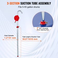 VEVOR Bomba de Tambor Rotativa de Manivela Manual de 19 L/min para Tambores de 16,6-205 L con Tubo de Succión de 3 Secciones y Manguera para Transferir Combustible, Aceite de Motor, Diésel, Queroseno