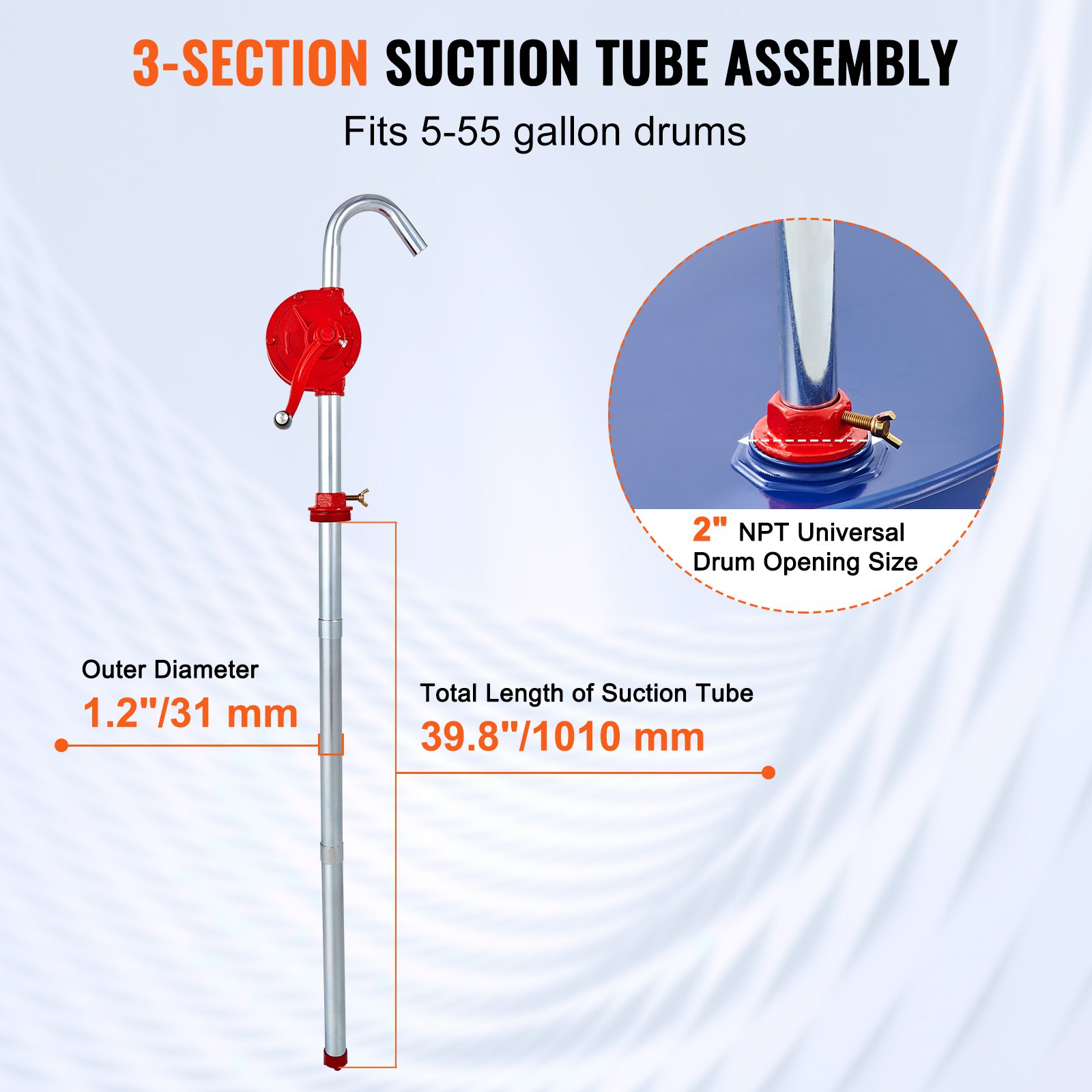 VEVOR Bomba de Tambor Rotativa de Manivela Manual de 19 L/min para Tambores de 16,6-205 L con Tubo de Succión de 3 Secciones y Manguera para Transferir Combustible, Aceite de Motor, Diésel, Queroseno