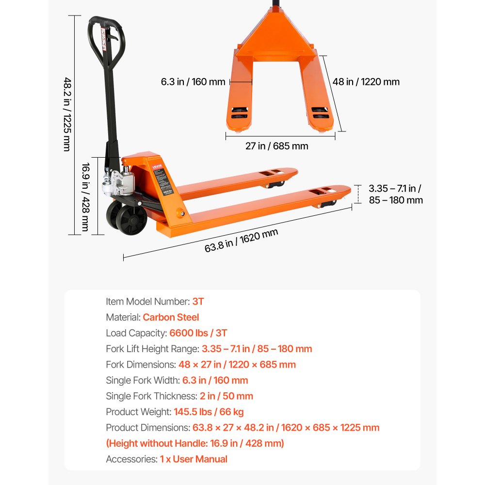 VEVOR Transpaleta Manual, con Horquillas de 1220 x 685 mm para Manipulación de Materiales, Carga de 3 T Rango de Altura de Elevación de 85-180 mm, Ideal para Almacenes, Supermercados y Fábricas