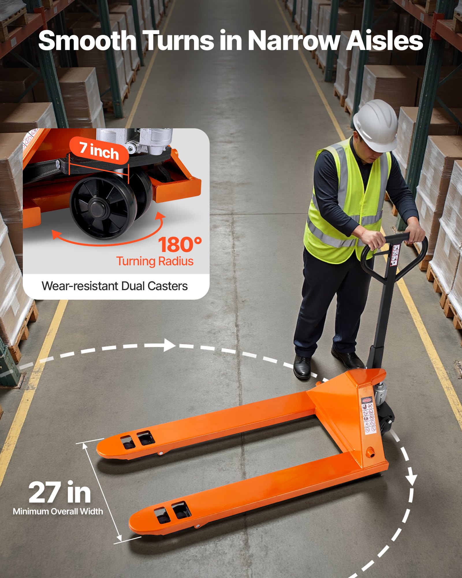 VEVOR Transpaleta Manual, con Horquillas de 1220 x 685 mm para Manipulación de Materiales, Carga de 3 T Rango de Altura de Elevación de 85-180 mm, Ideal para Almacenes, Supermercados y Fábricas