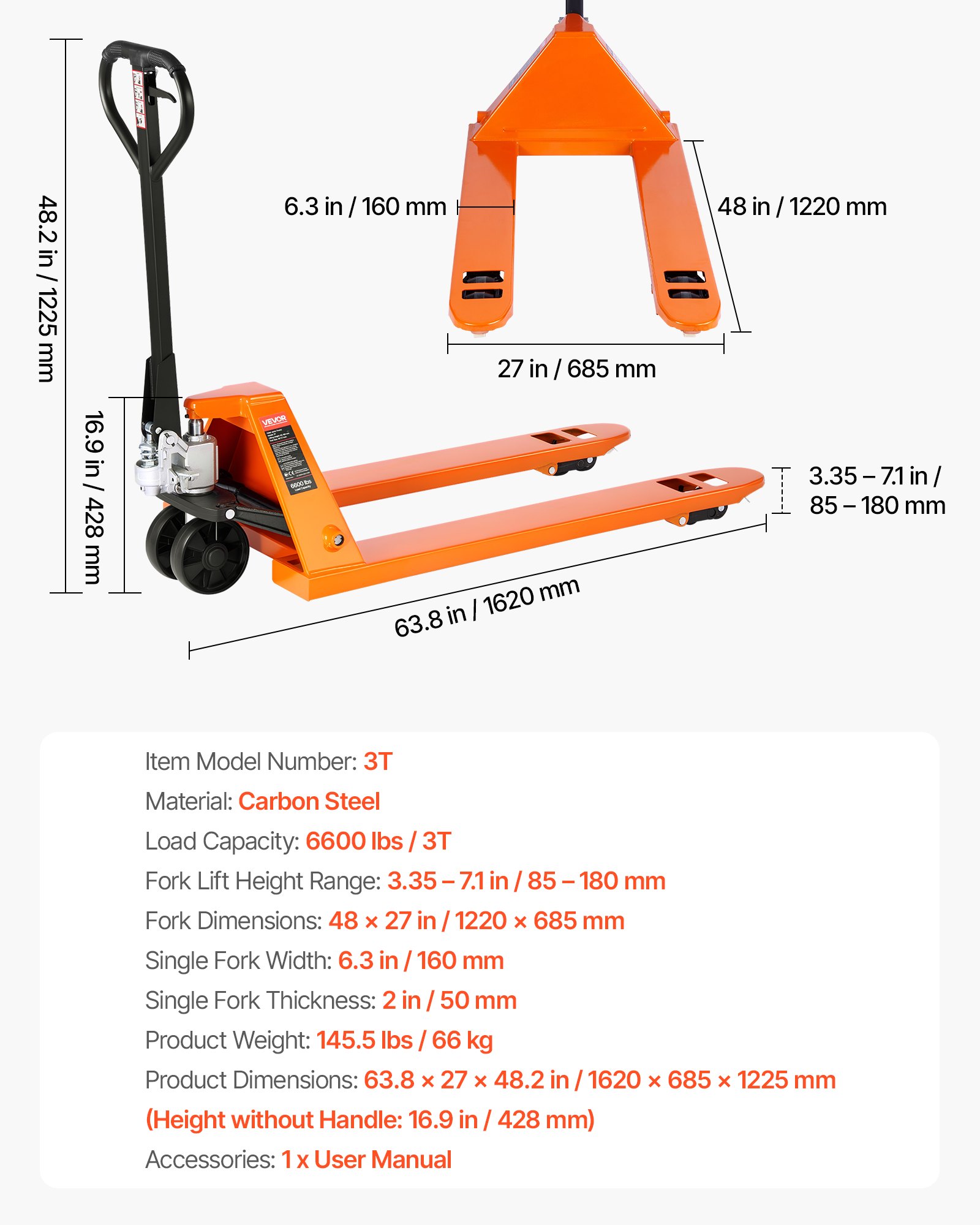 VEVOR Transpaleta Manual, con Horquillas de 1220 x 685 mm para Manipulación de Materiales, Carga de 3 T Rango de Altura de Elevación de 85-180 mm, Ideal para Almacenes, Supermercados y Fábricas
