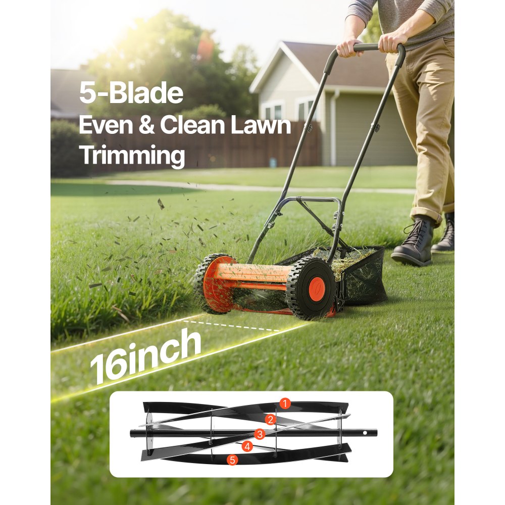 VEVOR Cortadora de Césped Manual de 400 mm con 5 Cuchillas 2 Ruedas sin Motor Altura de Corte Ajustable de 15 - 45 mm con Bolsa Recolectora de Césped para, Caminos de Acceso, Patios, Jardines