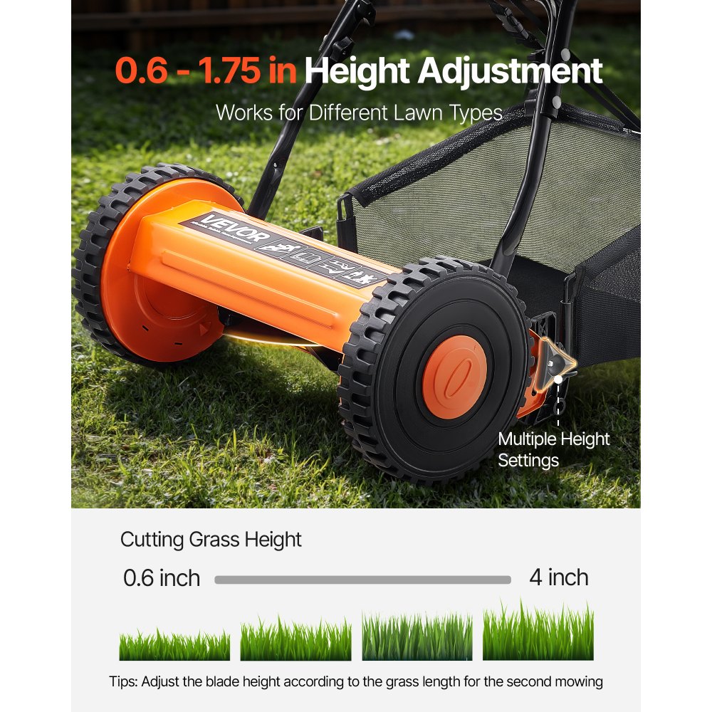 VEVOR Cortadora de Césped Manual de 400 mm con 5 Cuchillas 2 Ruedas sin Motor Altura de Corte Ajustable de 15 - 45 mm con Bolsa Recolectora de Césped para, Caminos de Acceso, Patios, Jardines