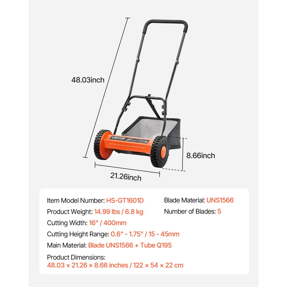 VEVOR Cortadora de Césped Manual de 400 mm con 5 Cuchillas 2 Ruedas sin Motor Altura de Corte Ajustable de 15 - 45 mm con Bolsa Recolectora de Césped para, Caminos de Acceso, Patios, Jardines