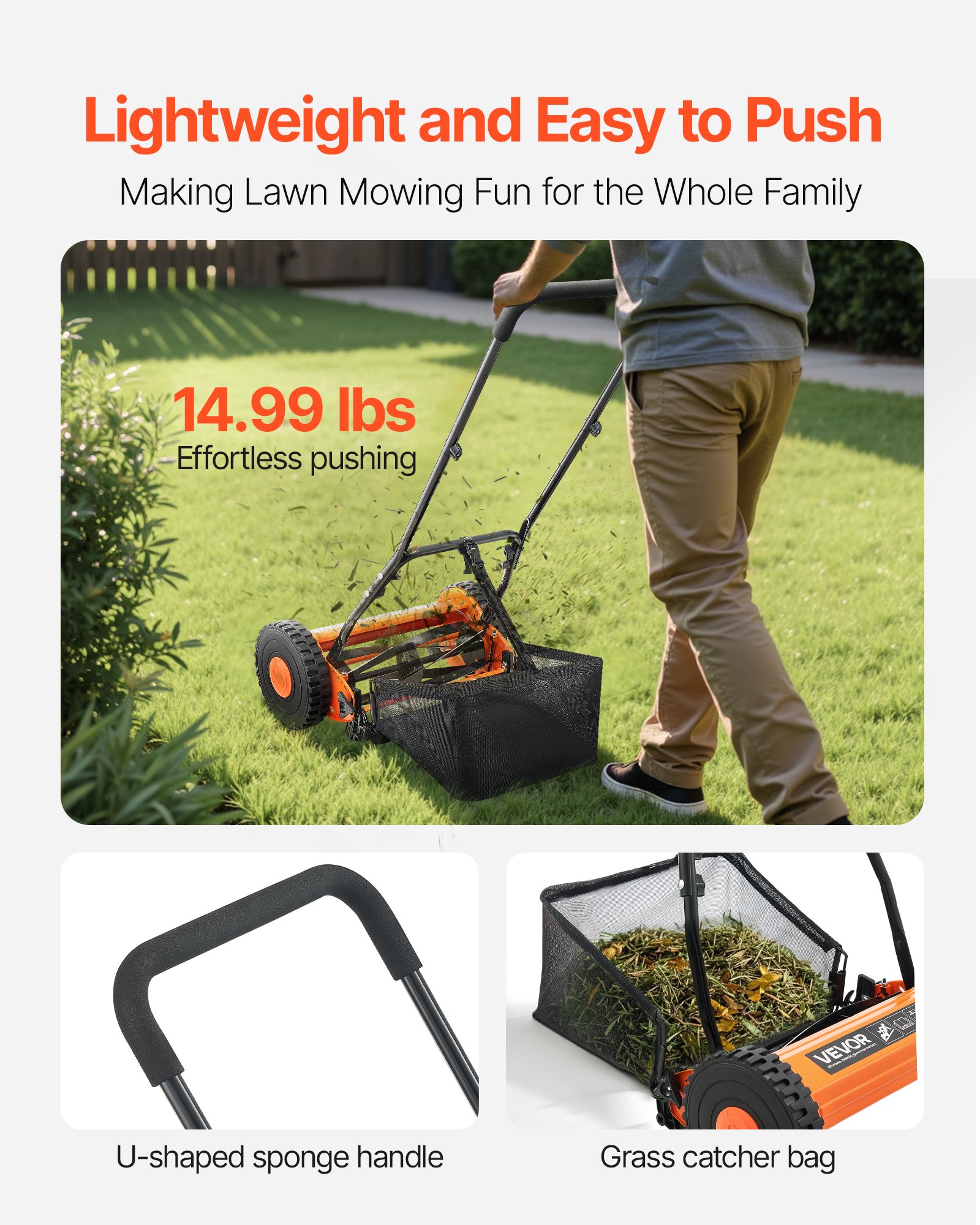 VEVOR Push Reel Lawn Mower 40 cm, 5 Blades Manual Push Mower No Motor, 15-45 mm Adjustable Cutting Height, Walk-Behind Lawn Mowers with Grass Catcher Bag for Green Lawns, Driveways, Courtyards