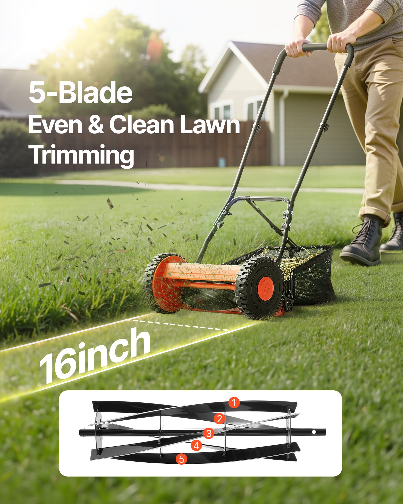 VEVOR Cortadora de Césped Manual de 400 mm con 5 Cuchillas 2 Ruedas sin Motor Altura de Corte Ajustable de 15 - 45 mm con Bolsa Recolectora de Césped para, Caminos de Acceso, Patios, Jardines