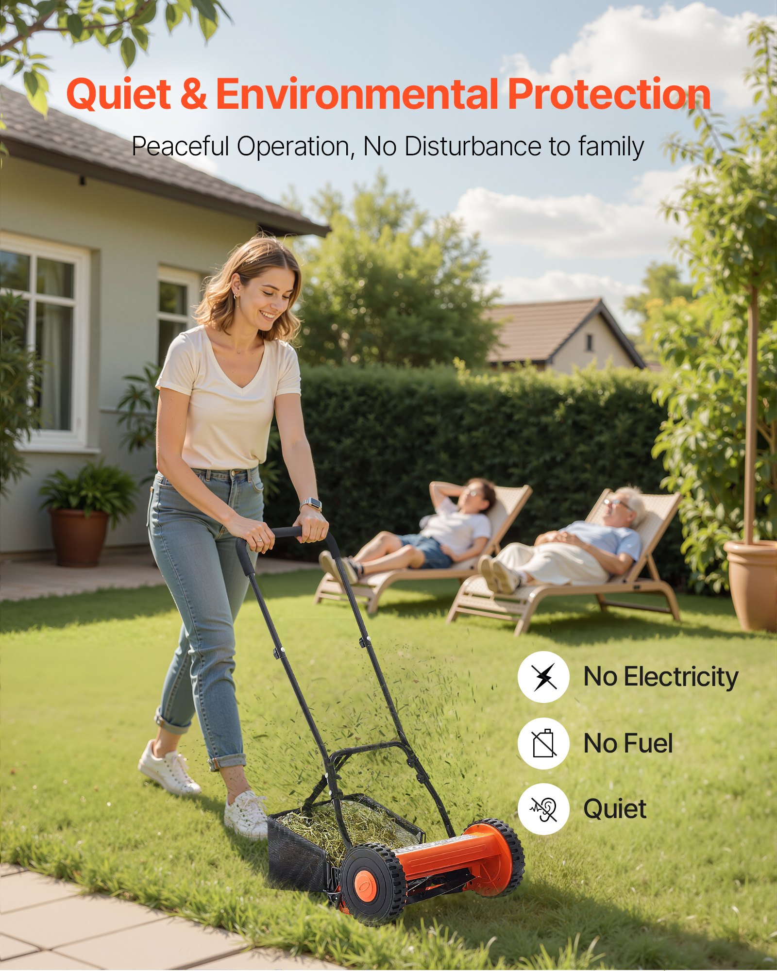 VEVOR Cortadora de Césped Manual de 400 mm con 5 Cuchillas 2 Ruedas sin Motor Altura de Corte Ajustable de 15 - 45 mm con Bolsa Recolectora de Césped para, Caminos de Acceso, Patios, Jardines