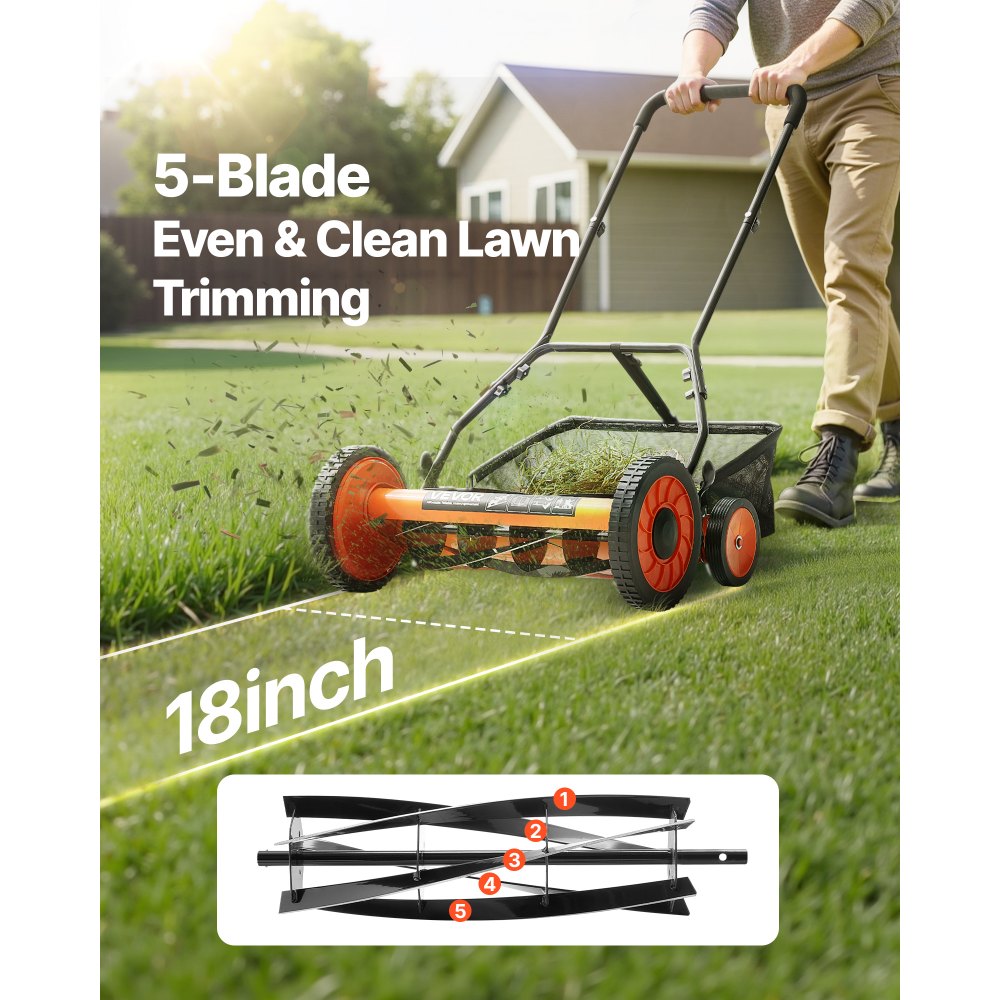 VEVOR Cortadora de Césped Manual de 450 mm con 5 Cuchillas 4 Ruedas sin Motor Altura de Corte Ajustable de 35 - 62 mm con Bolsa Recolectora de Césped para, Caminos de Acceso, Patios, Jardines