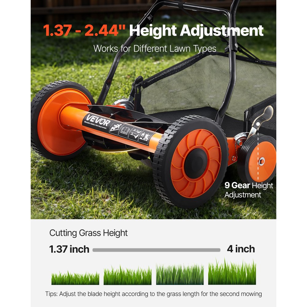 VEVOR Cortadora de Césped Manual de 450 mm con 5 Cuchillas 4 Ruedas sin Motor Altura de Corte Ajustable de 35 - 62 mm con Bolsa Recolectora de Césped para, Caminos de Acceso, Patios, Jardines