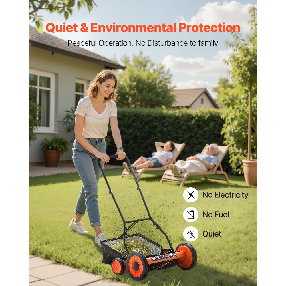 VEVOR Cortadora de Césped Manual de 450 mm con 5 Cuchillas 4 Ruedas sin Motor Altura de Corte Ajustable de 35 - 62 mm con Bolsa Recolectora de Césped para, Caminos de Acceso, Patios, Jardines