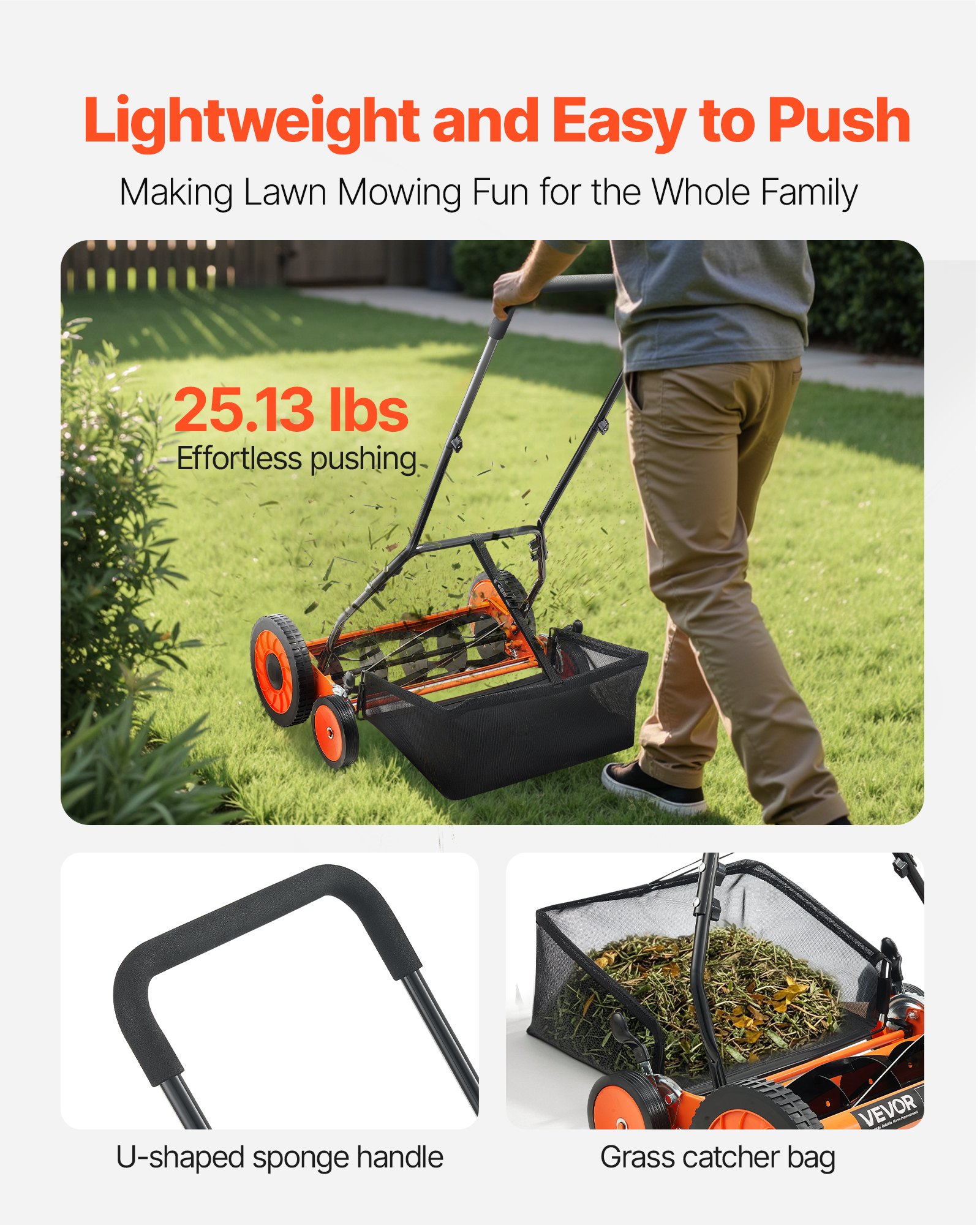 VEVOR Cortadora de Césped Manual de 450 mm con 5 Cuchillas 4 Ruedas sin Motor Altura de Corte Ajustable de 35 - 62 mm con Bolsa Recolectora de Césped para, Caminos de Acceso, Patios, Jardines