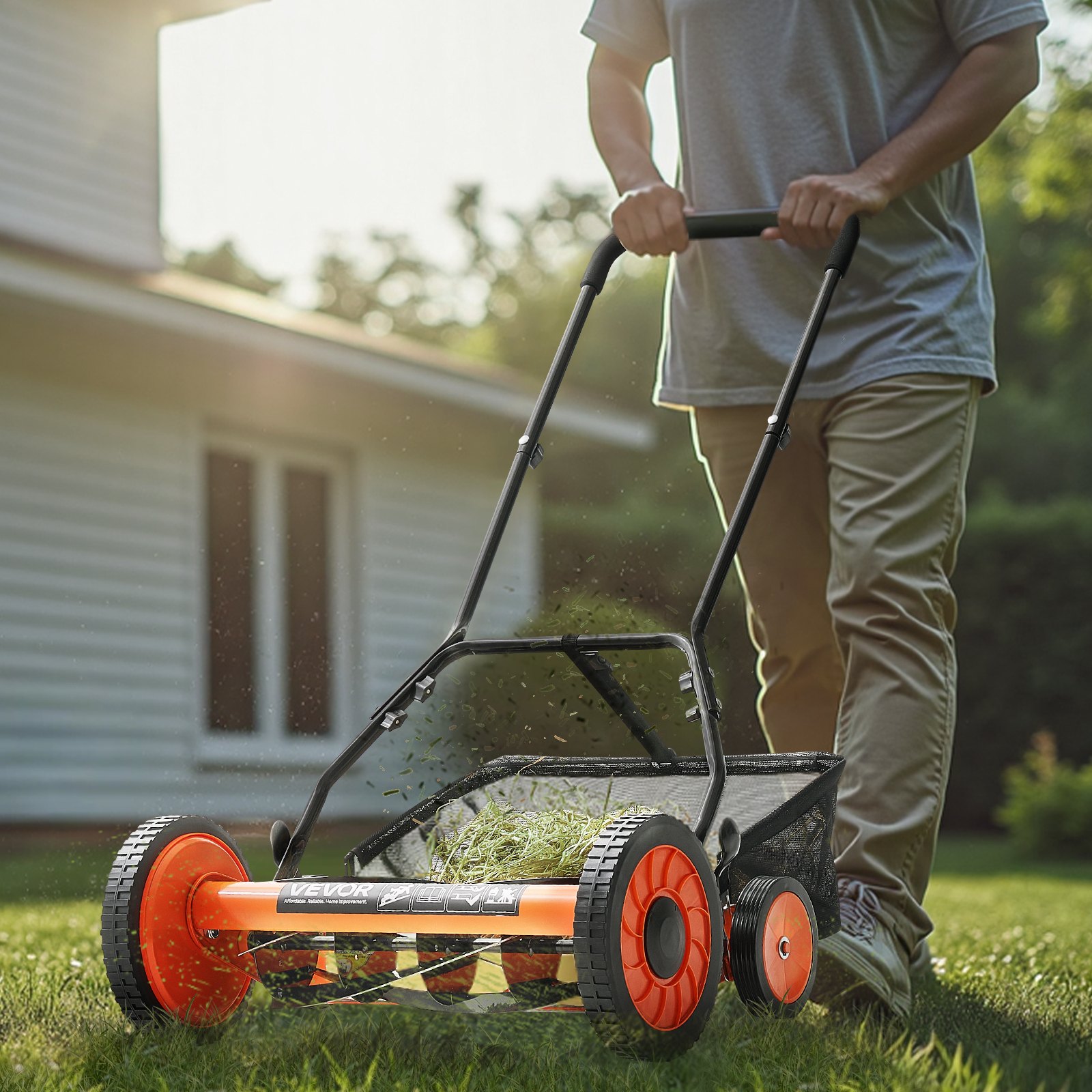 VEVOR Cortadora de Césped Manual de 450 mm con 5 Cuchillas 4 Ruedas sin Motor Altura de Corte Ajustable de 35 - 62 mm con Bolsa Recolectora de Césped para, Caminos de Acceso, Patios, Jardines