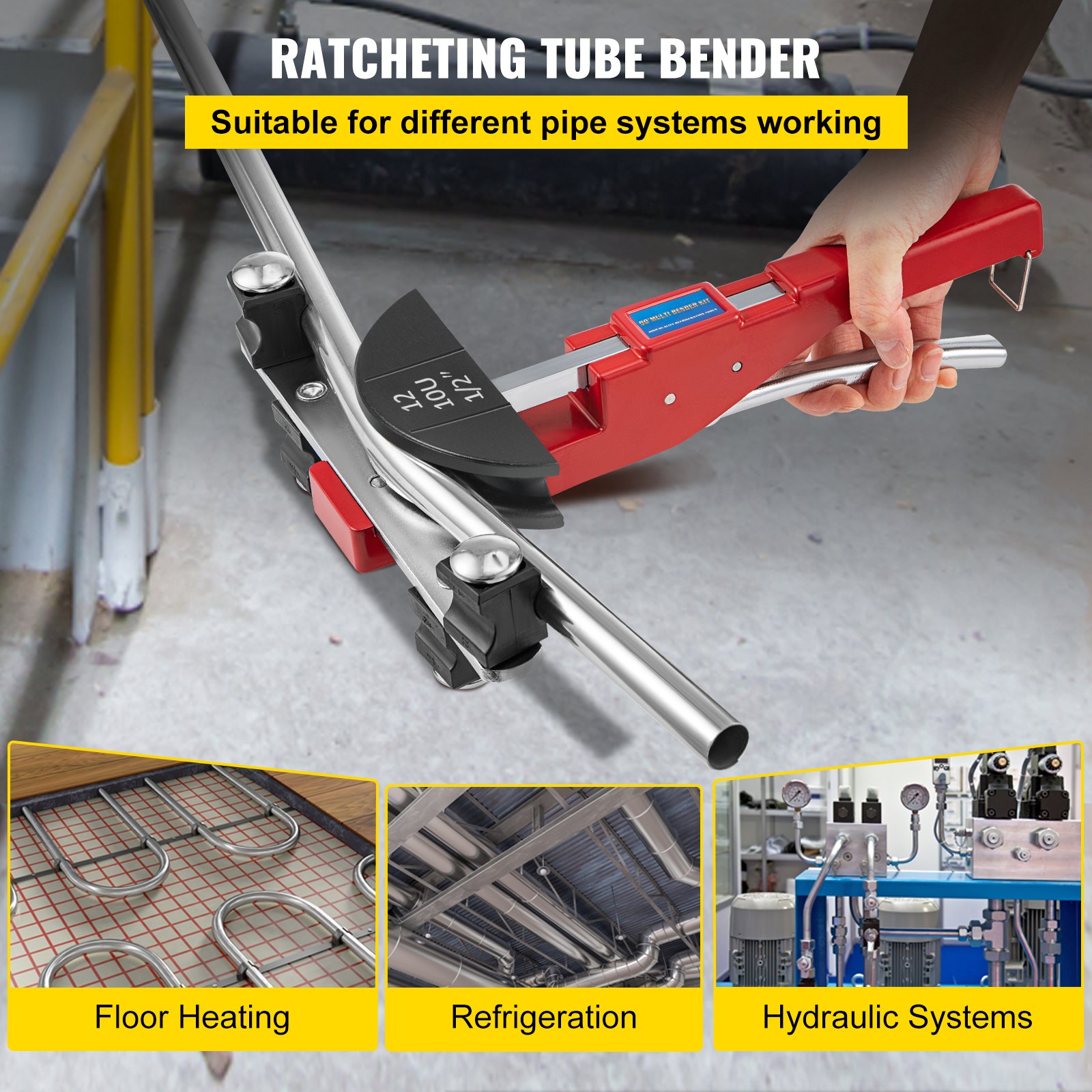 VEVOR Pipe Bender, 7 Dies 1/4-7/8 Inch 6-22 mm Ratchet Pipe Bender Set, 90° Hand Pipe Bender with Backbend Attachment, 10 kN Bending Force Hand Bending Machine