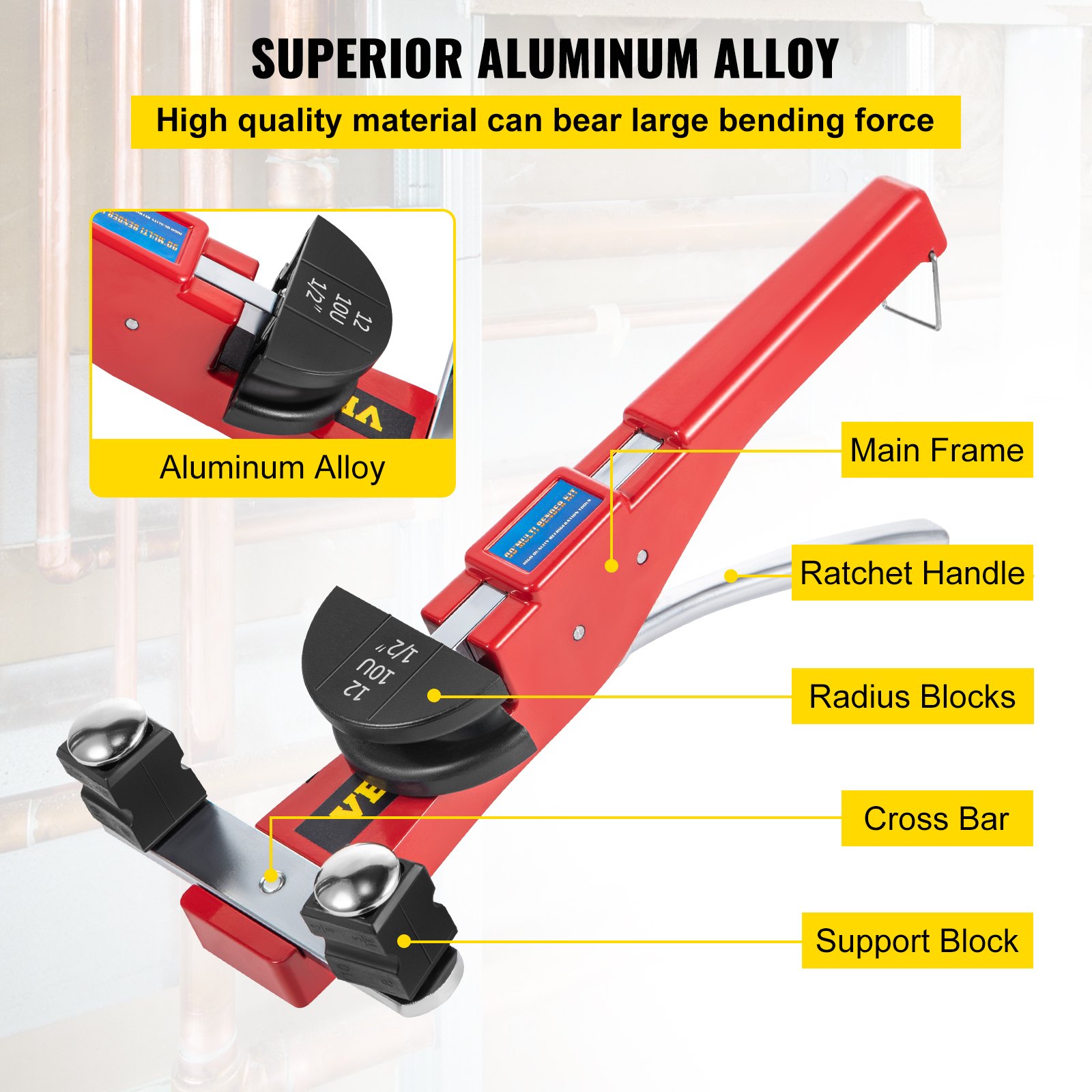VEVOR Pipe Bender, 7 Dies 1/4-7/8 Inch 6-22 mm Ratchet Pipe Bender Set, 90° Hand Pipe Bender with Backbend Attachment, 10 kN Bending Force Hand Bending Machine