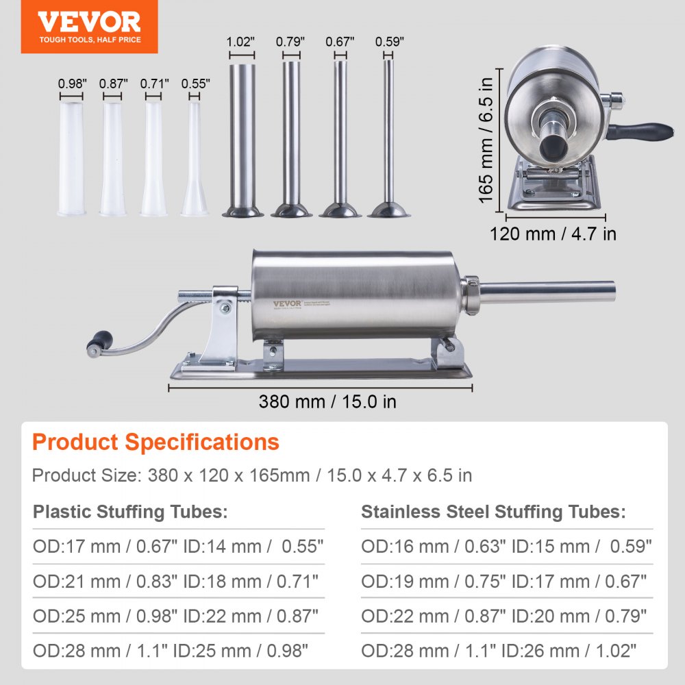 VEVOR Embutidora Manual de Salchicha Capacidad de 2,5L Embutidora Horizontal de Acero Inoxidable con 8 Tubos de Relleno para Churros Salchicha para Restaurante Supermercado Hogar Cocina Comercial