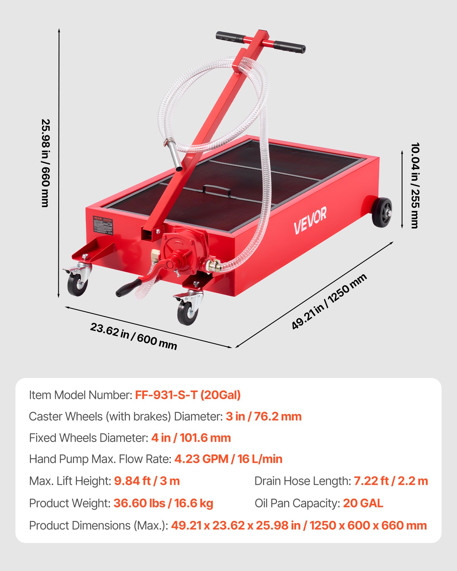 VEVOR Bandeja de Drenaje de Aceite de Perfil Bajo, Capacidad 75,7 L, con Ruedas y Bomba Manual, Manguera de 2,2 m y Asa Plegable en T, Resistente a la Corrosión, para Coches, SUV, Camiones, Rojo