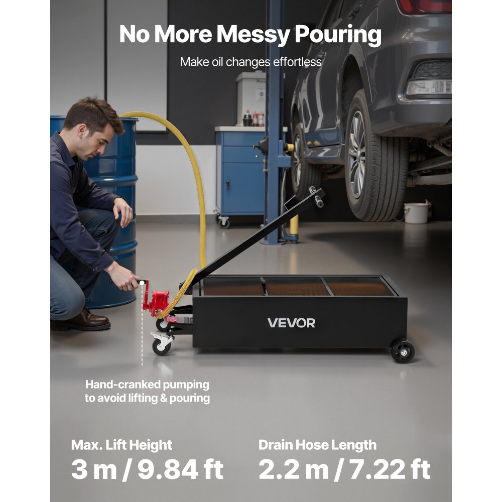 VEVOR Low Profile Oil Drain Pan, 94.6 L Capacity, Rolling Oil Drain Pan with Manual Pump, 2.2 m Hose & T Folding Handle, Leak-proof & Corrosion-resistant, Fit for Cars, SUVs, Trucks, ATVs, Black