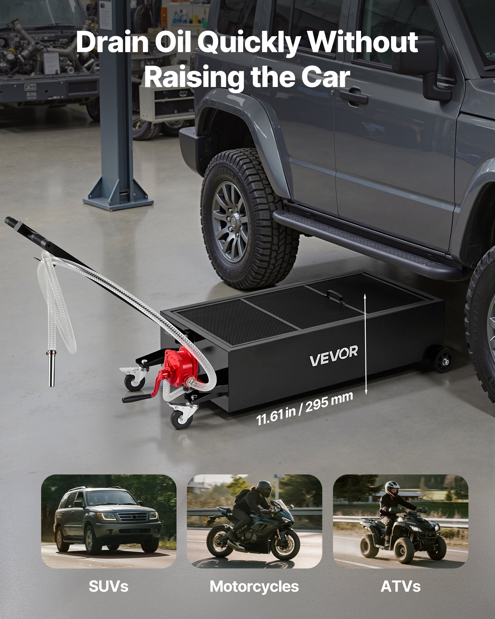 VEVOR Low Profile Oil Drain Pan, 94.6 L Capacity, Rolling Oil Drain Pan with Manual Pump, 2.2 m Hose & T Folding Handle, Leak-proof & Corrosion-resistant, Fit for Cars, SUVs, Trucks, ATVs, Black