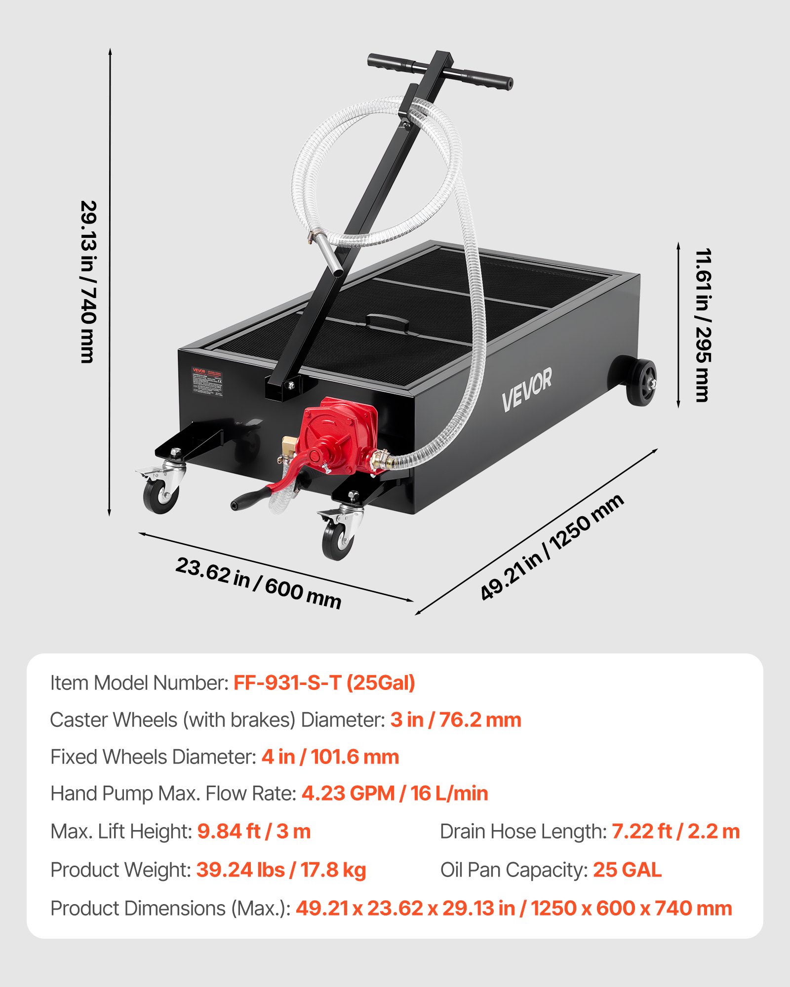 VEVOR Low Profile Oil Drain Pan, 94.6 L Capacity, Rolling Oil Drain Pan with Manual Pump, 2.2 m Hose & T Folding Handle, Leak-proof & Corrosion-resistant, Fit for Cars, SUVs, Trucks, ATVs, Black