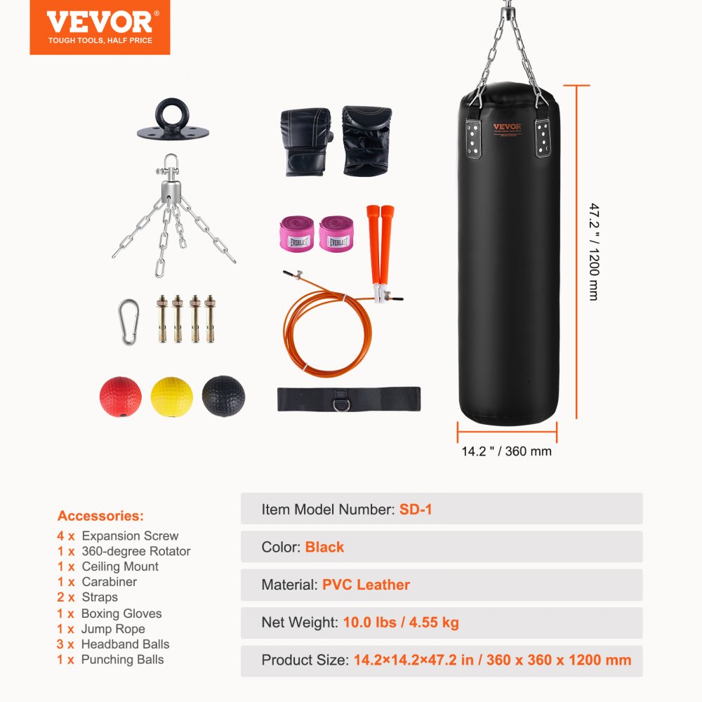 VEVOR Juego de Saco de Boxeo Pesado de PVC, 360x360x1200mm, Saco de Boxeo con Cadenas y Guante y sin Relleno para Karate, Judo, Thai Kickboxing, Boxeo, Entrenamiento en Gimnasio en Casa y Más