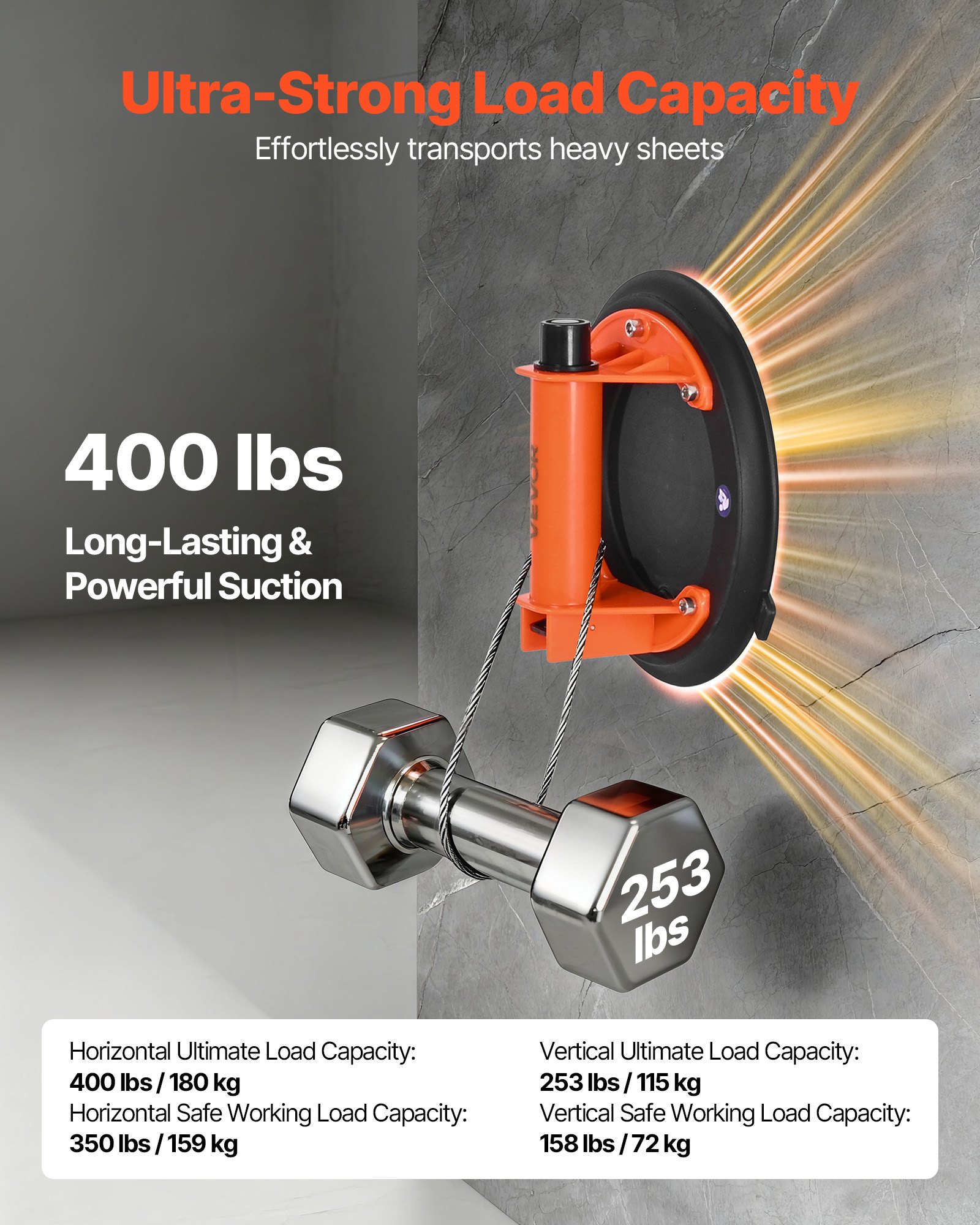 VEVOR Vacuum Suction Cup, 203 mm Vacuum Glass Lifter with ABS Handle, 180 kg Max Lifting Capacity Tile Suction Cup Tool with Carrying Case for Lifting Large Tile, Granite, Drywall, Windows (1-Pack)