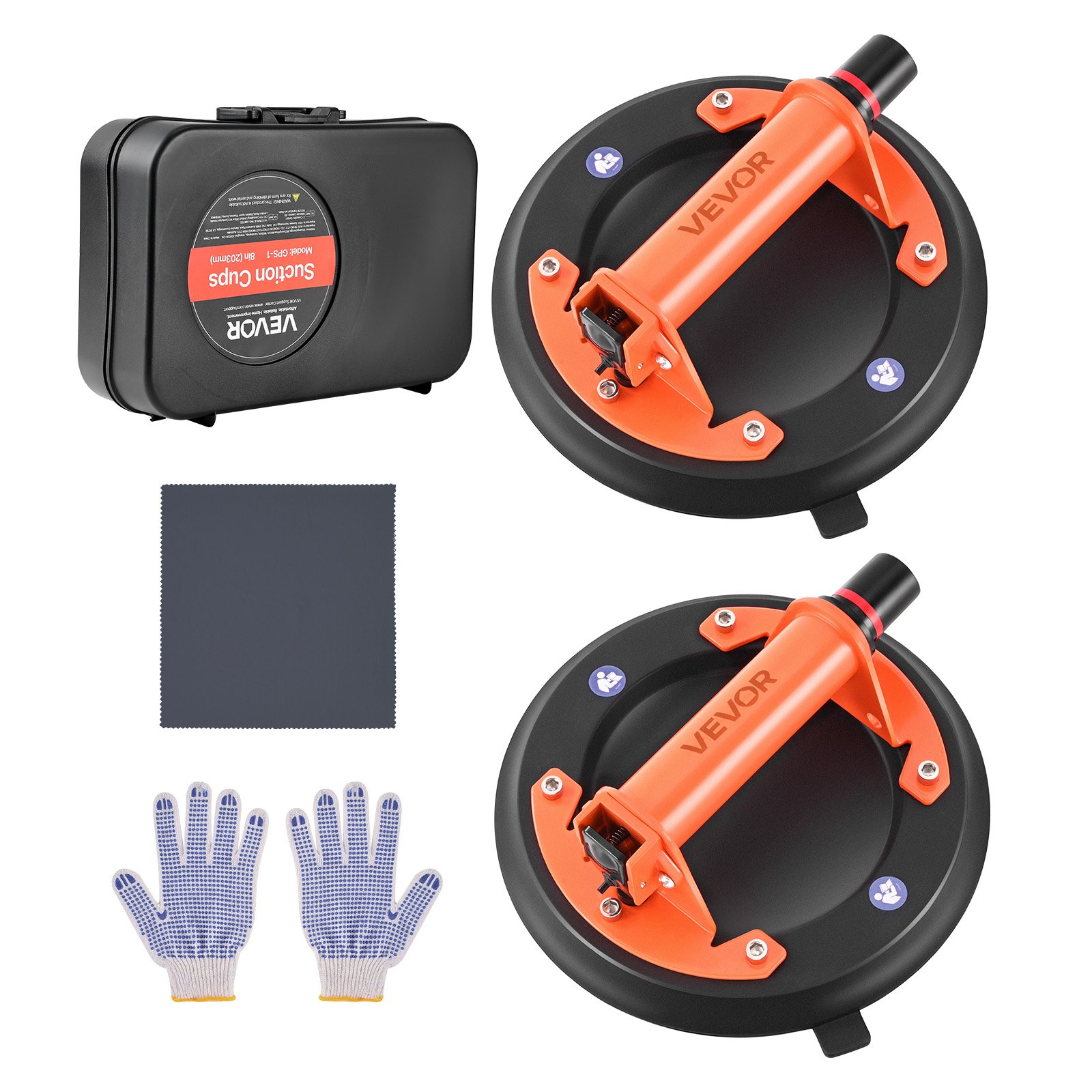 VEVOR Vacuum Suction Cup, 203 mm Vacuum Glass Lifter with Metal Handle, 195 kg Max Lifting Capacity Tile Suction Cup Tool with Carrying Case for Lifting Large Tile, Granite, Drywall, Windows (2-Pack)