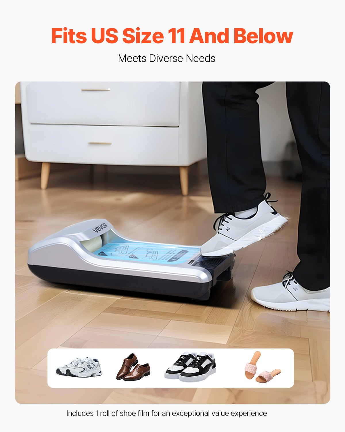 VEVOR Shoe Cover Dispenser, Automatic Shoe Cover with 1 Roll (600 Pieces) Disposable Sole Membrane, Fits Sizes up to US 11, for Home, Office, Lab, Factory, Hospital, Silver