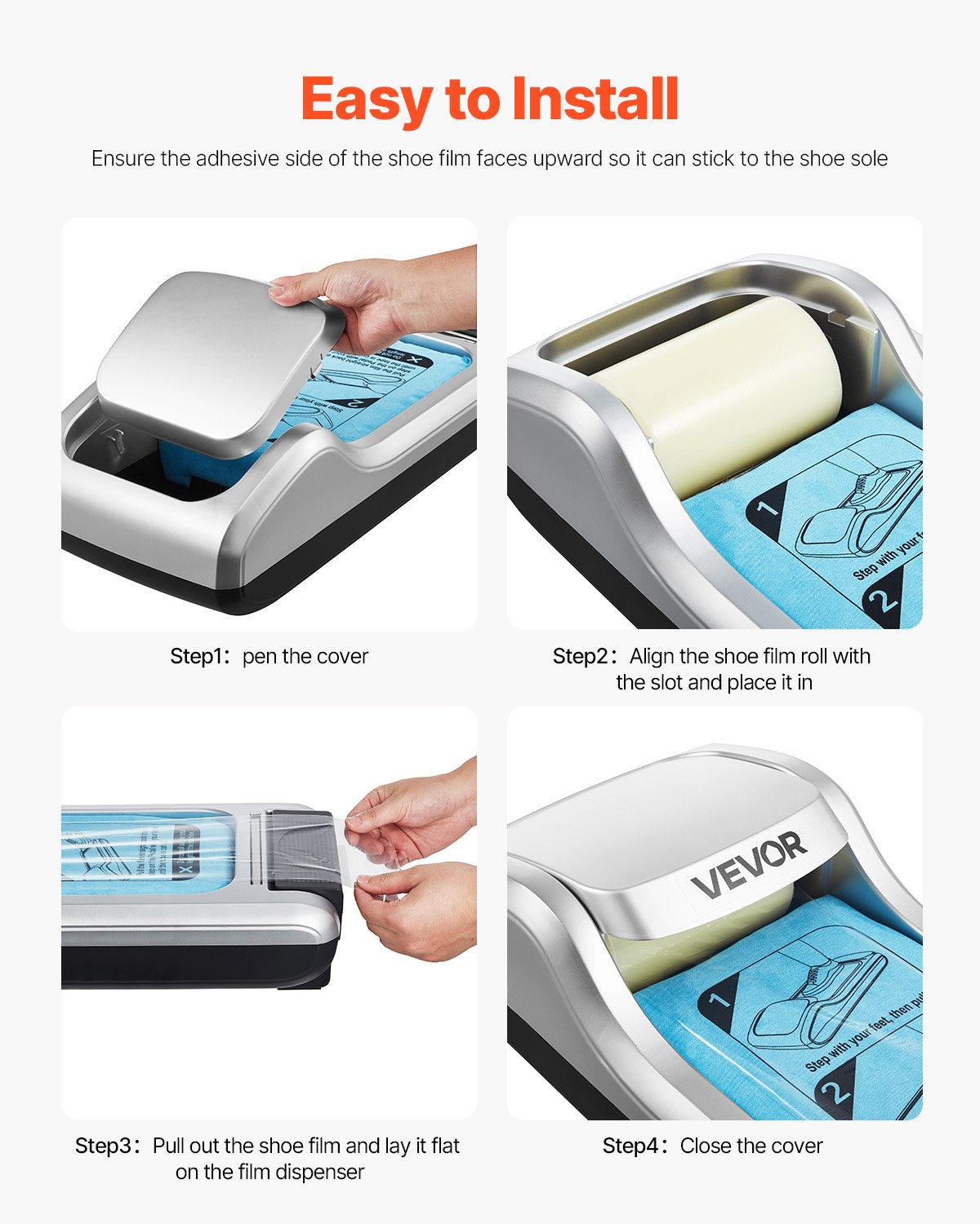 VEVOR Shoe Cover Dispenser, Automatic Shoe Cover with 1 Roll (600 Pieces) Disposable Sole Membrane, Fits Sizes up to US 11, for Home, Office, Lab, Factory, Hospital, Silver