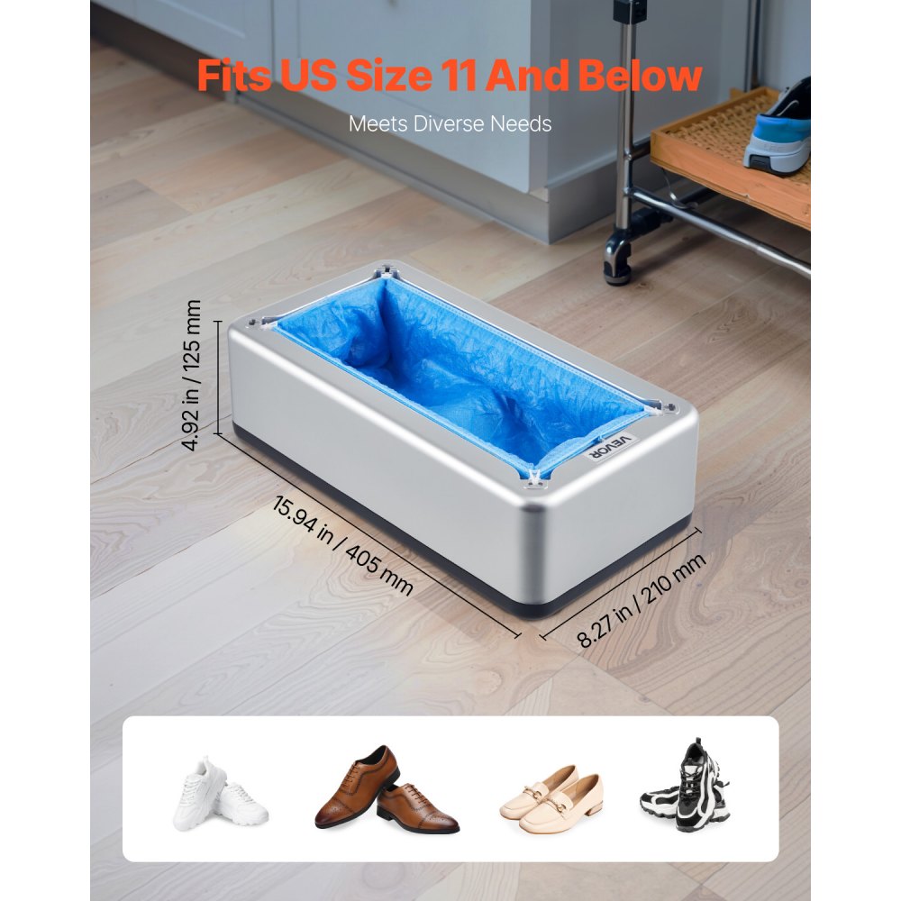 VEVOR Shoe Cover Dispenser, Automatic Overshoe Dispenser with 100 Disposable Shoe Covers, Fits Sizes up to US 11, for Home, Office, Laboratory, Factory, Hospital, Indoor Use, Silver