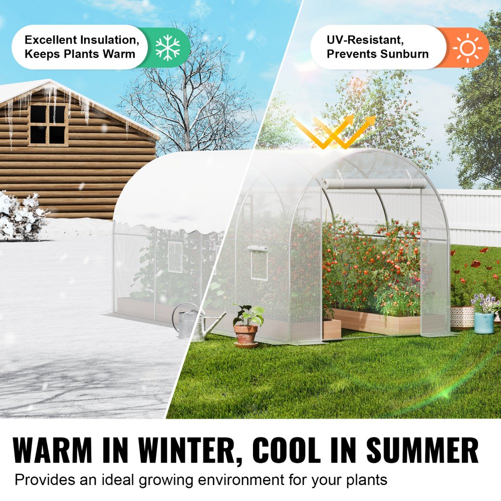 VEVOR Invernadero Túnel 292x196x190 cm Carpa Refugio para Plantas Estructura de Acero Galvanizado Cubierta de PE Puerta Enrollable con Cremallera 6 Ventanas para Cultivo de Verduras Flores, Blanco