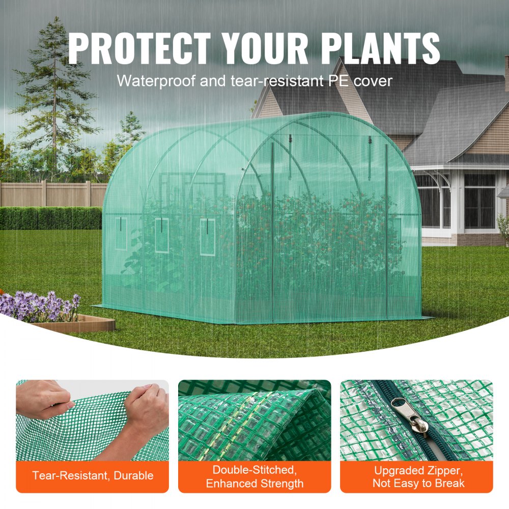 VEVOR Invernadero Túnel 292x196x190 cm Carpa Refugio para Plantas Estructura de Acero Galvanizado Cubierta de PE Puerta Enrollable con Cremallera 6 Ventanas para Cultivo de Verduras Flores, Verde