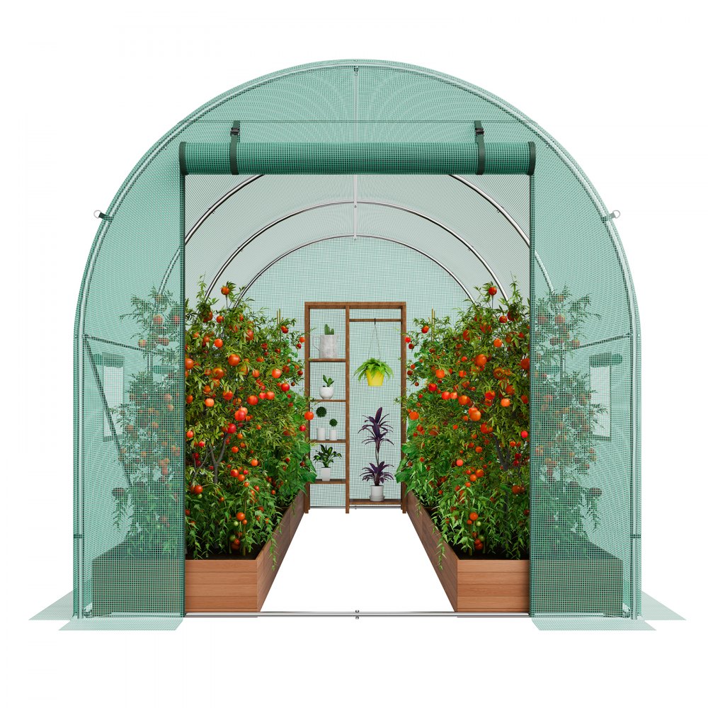 VEVOR Invernadero Túnel 292x196x190 cm Carpa Refugio para Plantas Estructura de Acero Galvanizado Cubierta de PE Puerta Enrollable con Cremallera 6 Ventanas para Cultivo de Verduras Flores, Verde
