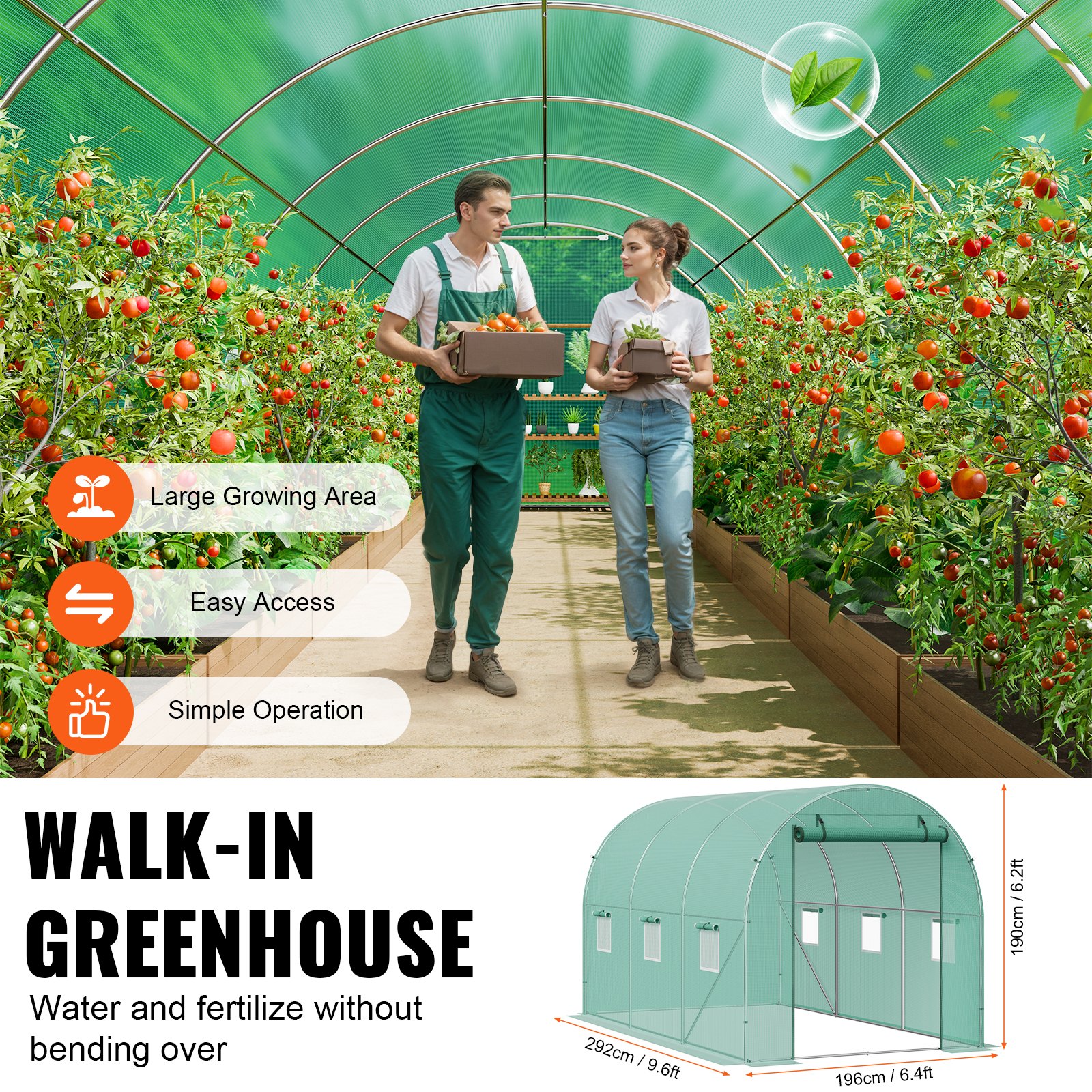 VEVOR Invernadero Túnel 292x196x190 cm Carpa Refugio para Plantas Estructura de Acero Galvanizado Cubierta de PE Puerta Enrollable con Cremallera 6 Ventanas para Cultivo de Verduras Flores, Verde