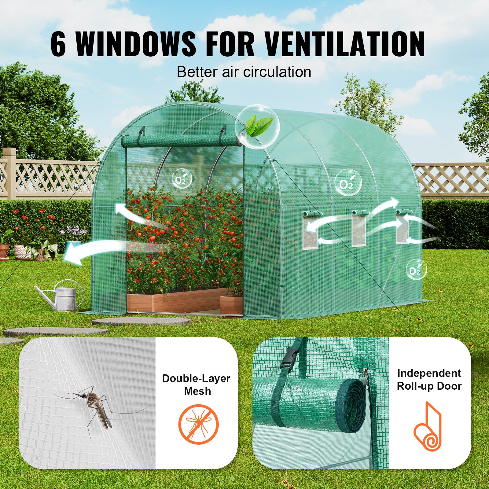 VEVOR Invernadero Túnel 292x196x190 cm Carpa Refugio para Plantas Estructura de Acero Galvanizado Cubierta de PE Puerta Enrollable con Cremallera 6 Ventanas para Cultivo de Verduras Flores, Verde