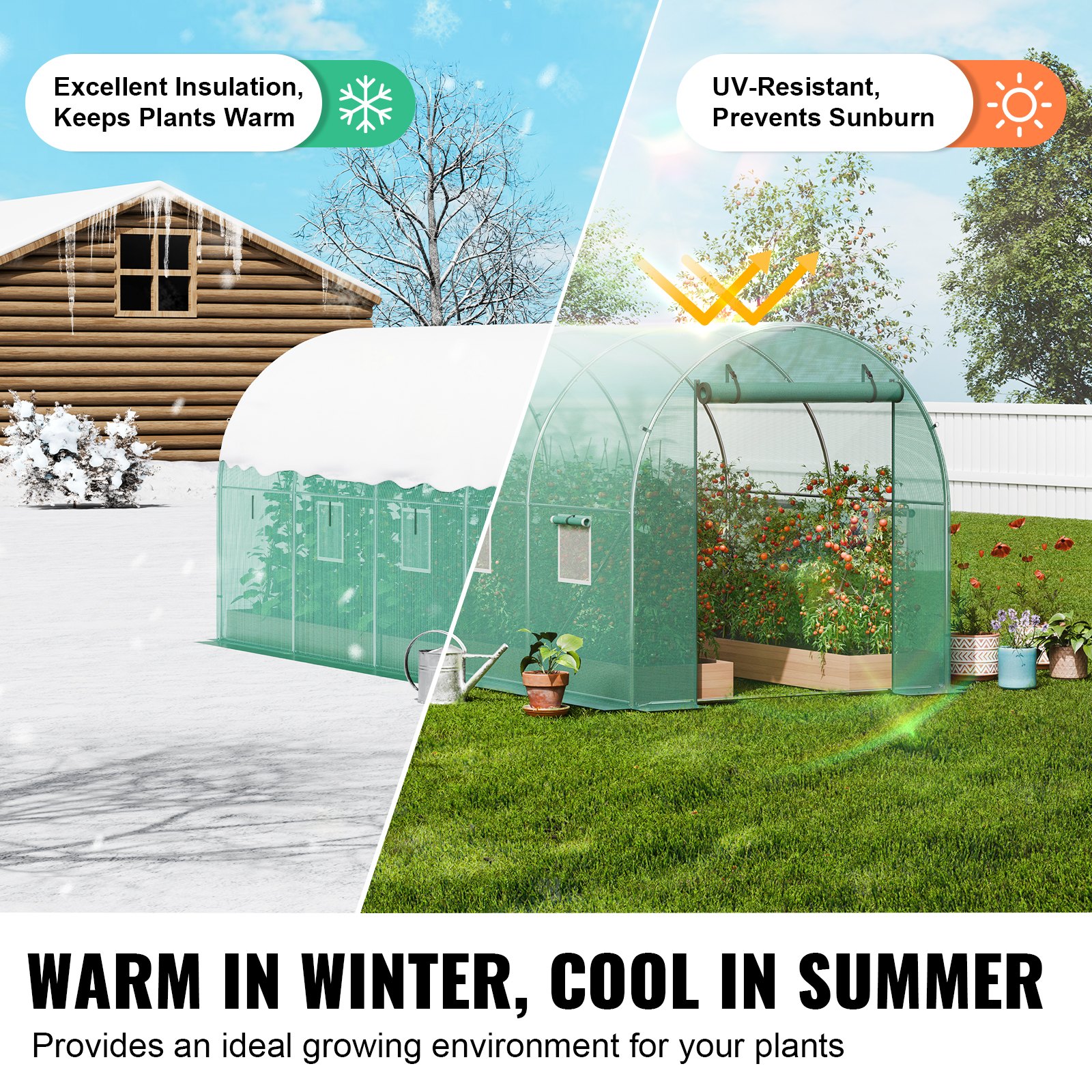VEVOR Invernadero Túnel  445x194x192 cm Carpa Refugio para Plantas con Estructura de Acero Galvanizado Cubierta de PE Verde Puerta Enrollable con Cremallera 8 Ventanas para Cultivo de Verduras Flores