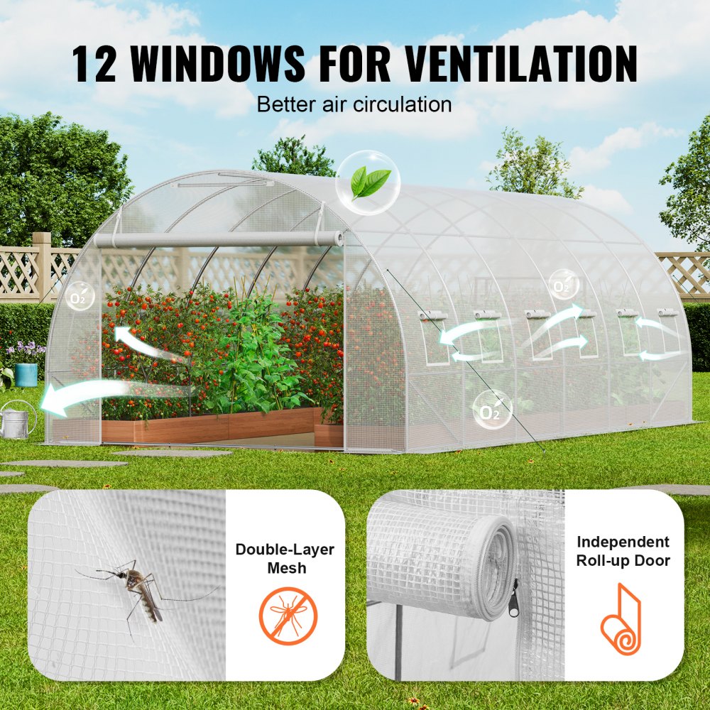 VEVOR Invernadero Túnel 590x295x198 cm Carpa Refugio para Plantas Estructura de Acero Galvanizado Cubierta de PE Puerta Enrollable con Cremallera 12 Ventanas para Cultivo de Verduras Flores, Blanco